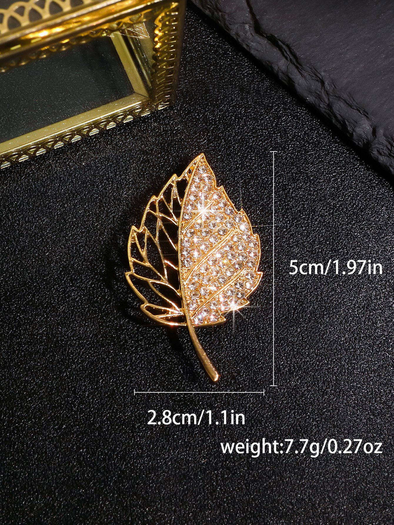 Golden Crystal Leaf Brooch