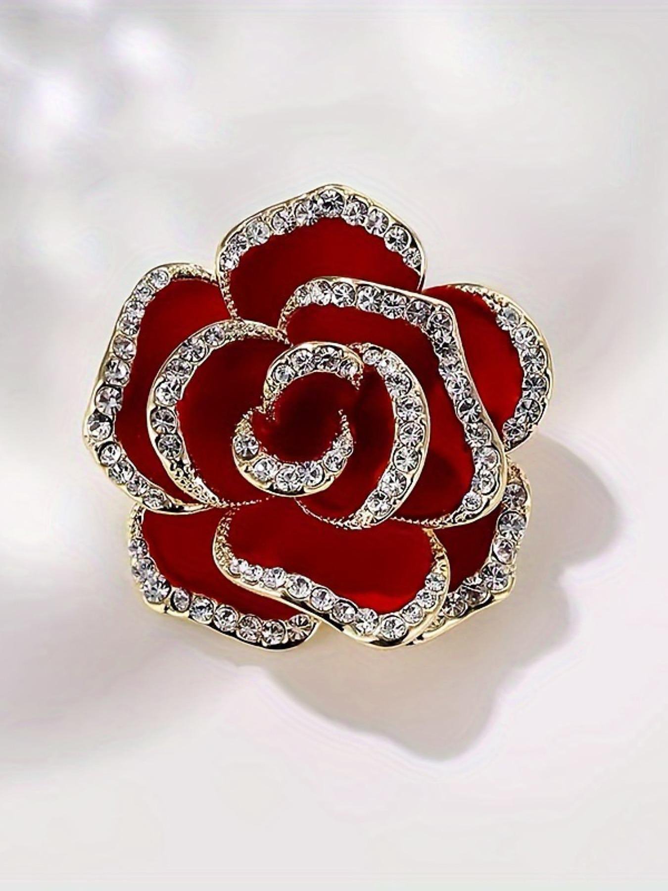 Red Rose Rhinestone Flower Brooch Pin