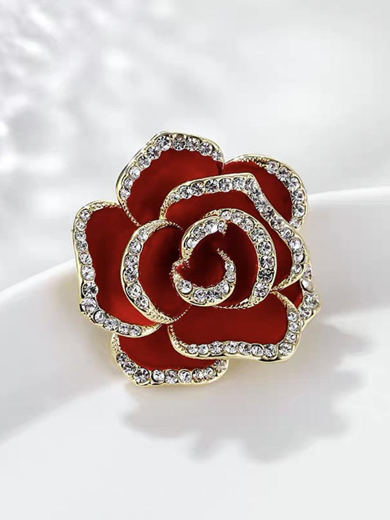 Red Rose Rhinestone Flower Brooch Pin