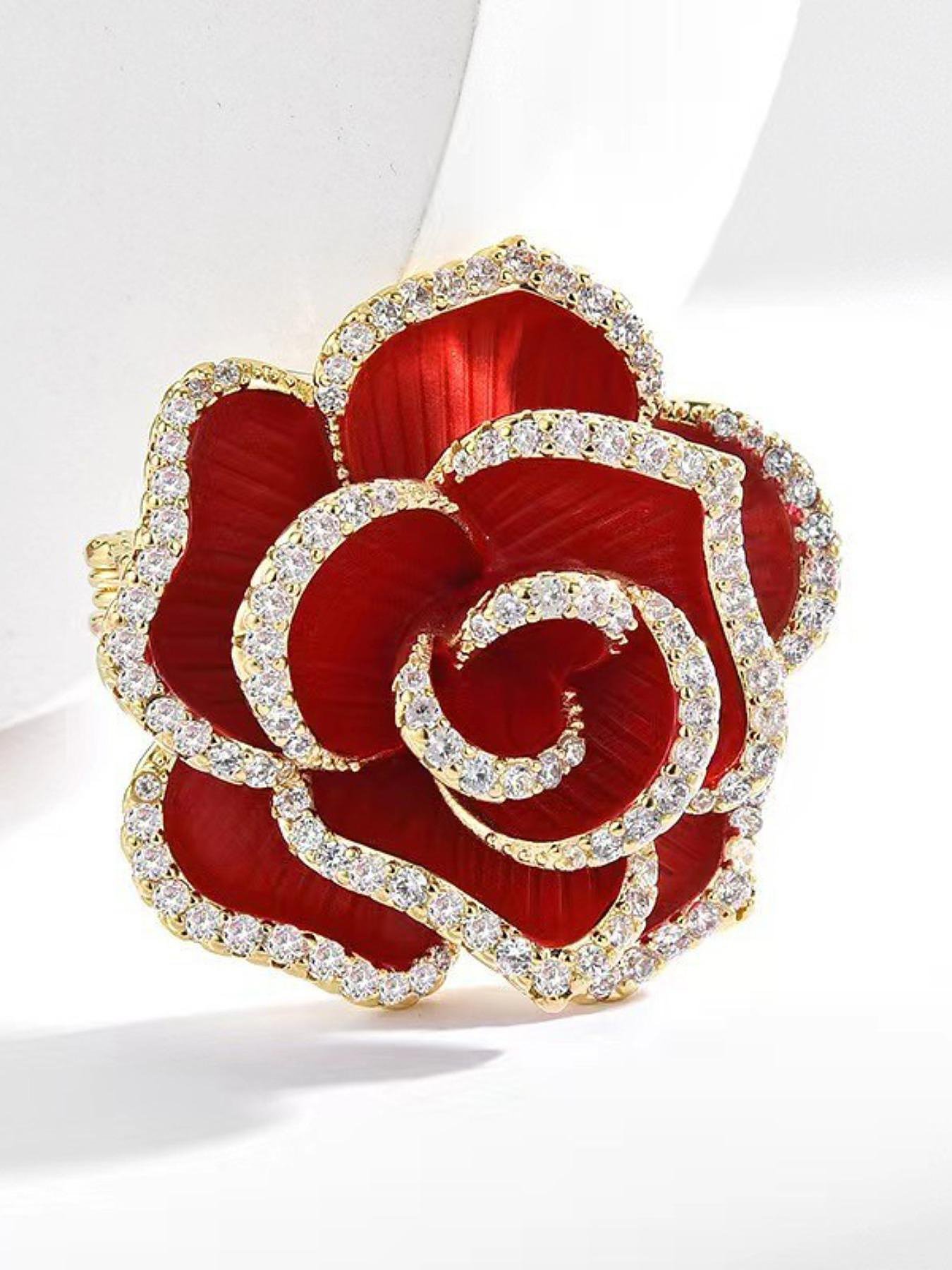 Red Rose Rhinestone Flower Brooch Pin