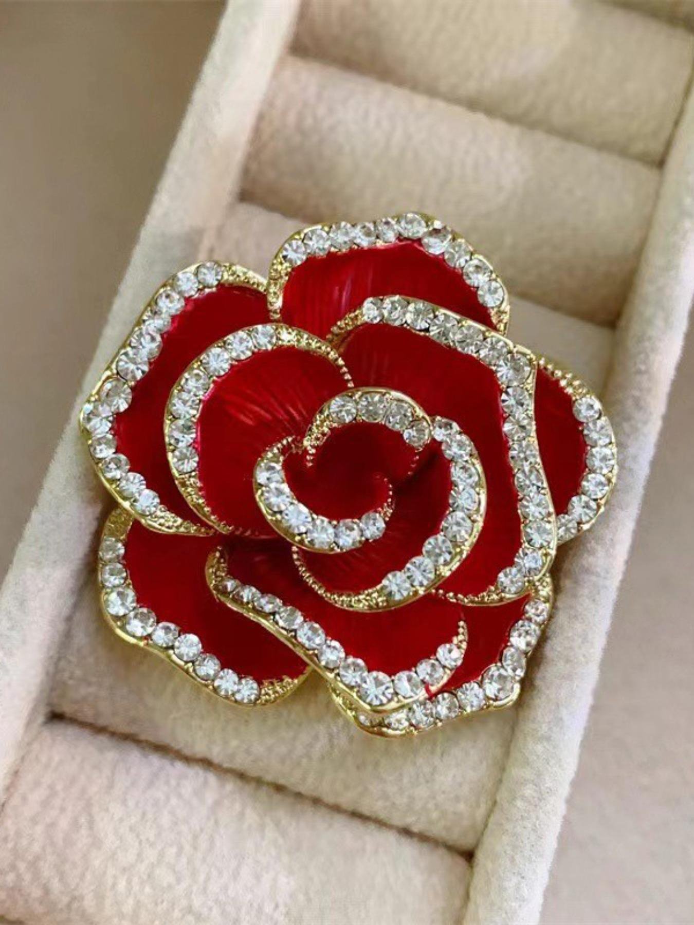 Red Rose Rhinestone Flower Brooch Pin
