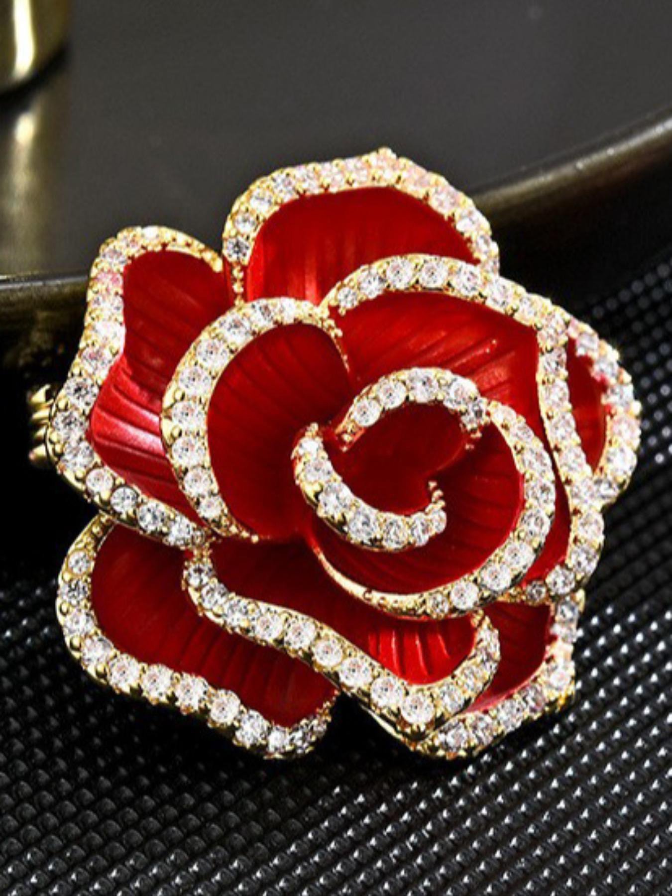 Red Rose Rhinestone Flower Brooch Pin