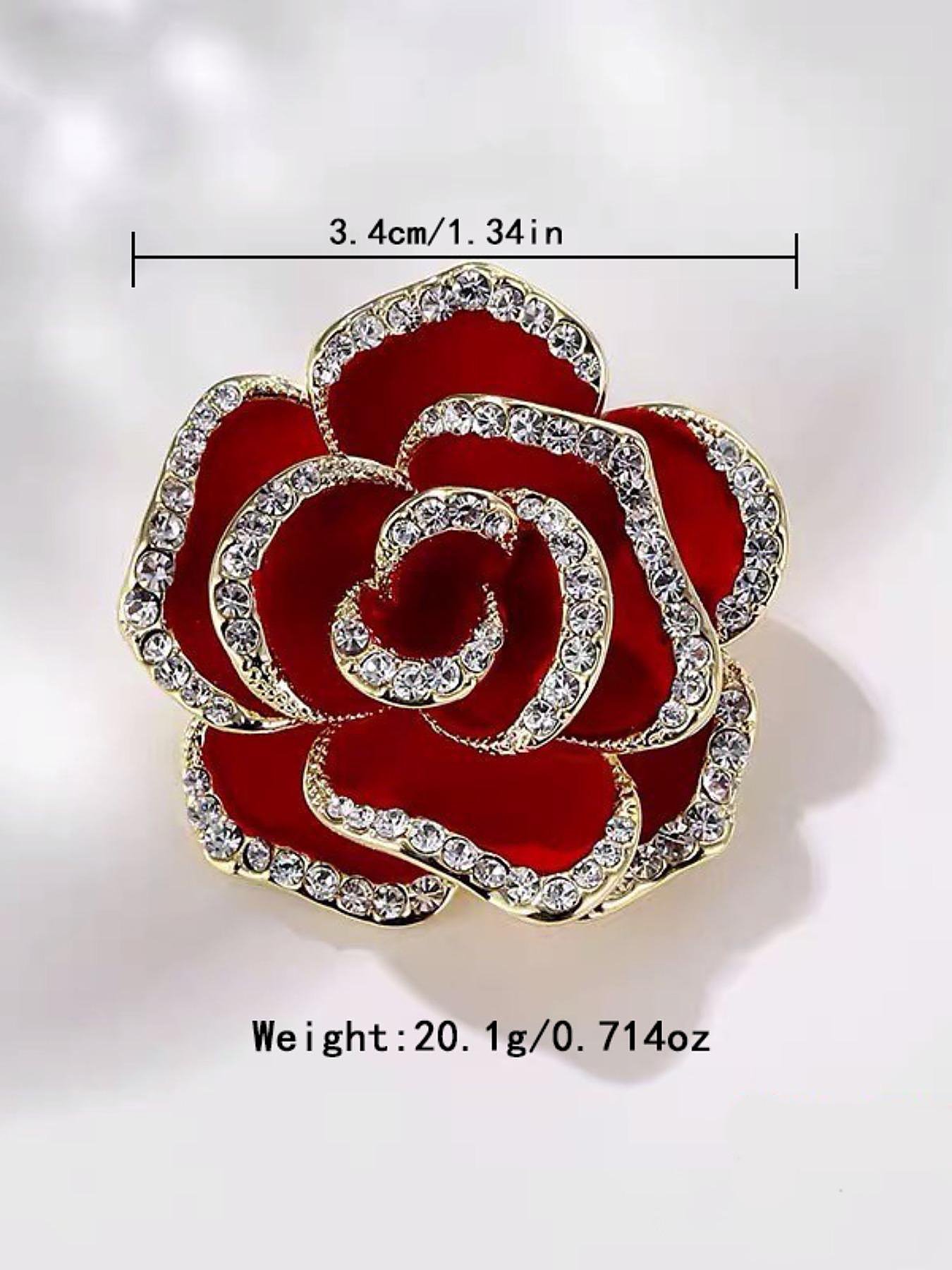 Red Rose Rhinestone Flower Brooch Pin