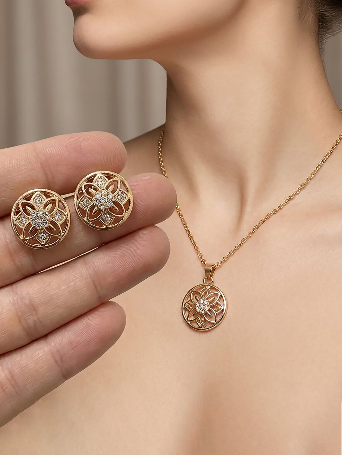 Gold Flower Pendant Necklace and Stud Earrings Set