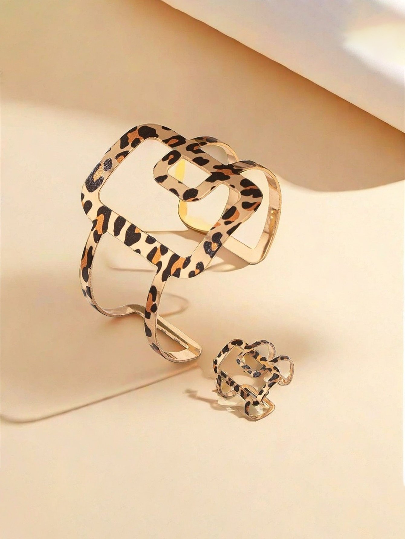  Leopard Print Ring and Cuff Bracelet Set - Multi-Color Animal Design