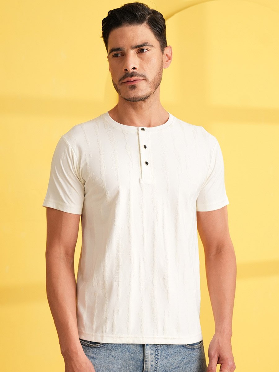 White Textured Henley Neck Short Sleeves T-Shirt