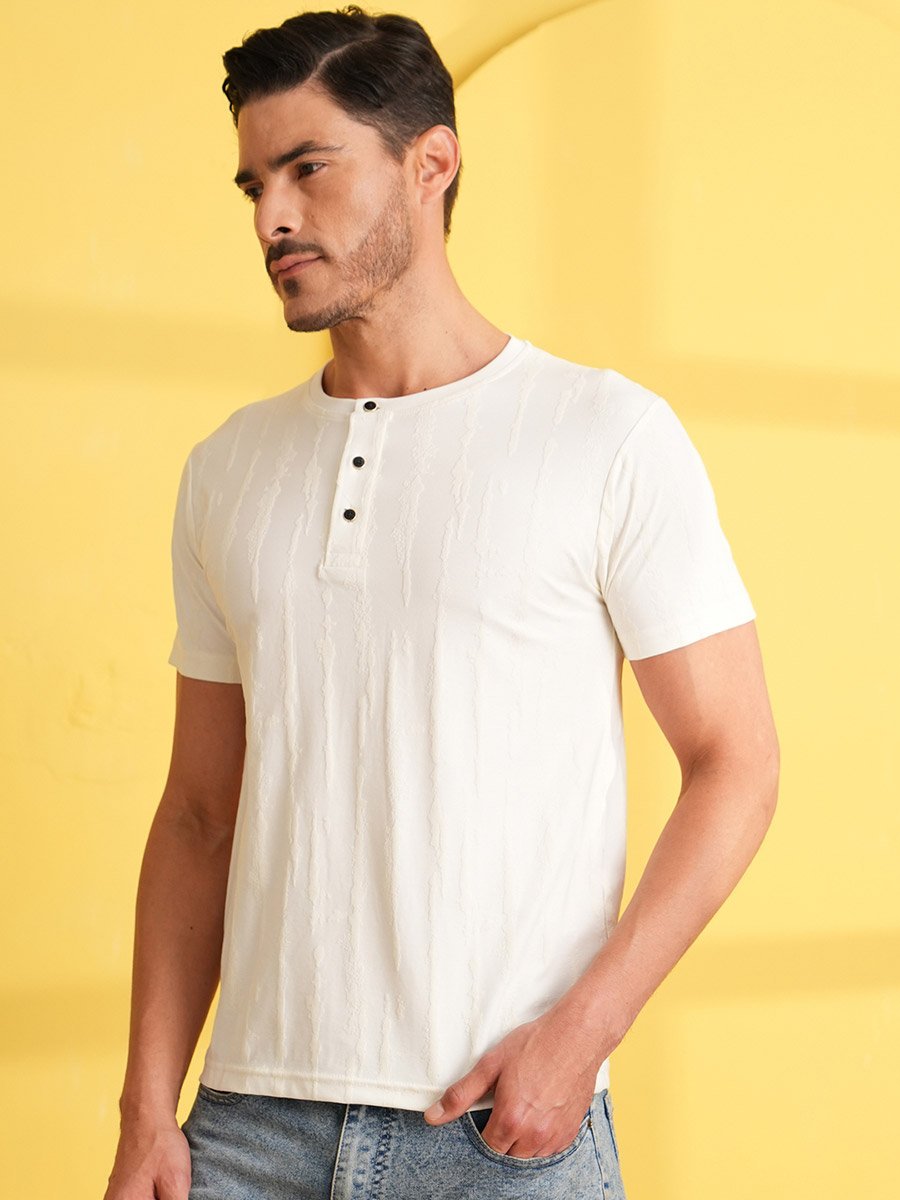 White Textured Henley Neck Short Sleeves T-Shirt