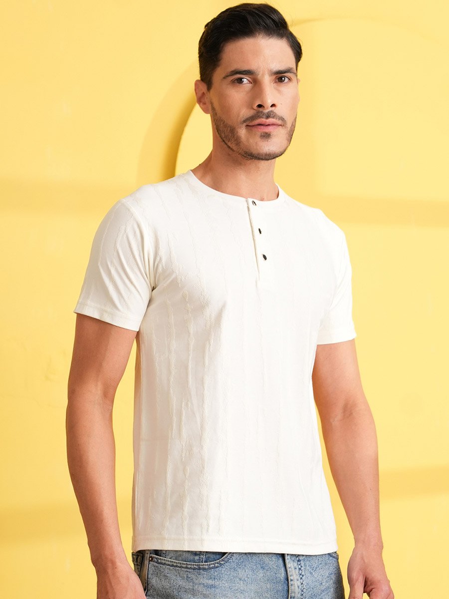 White Textured Henley Neck Short Sleeves T-Shirt