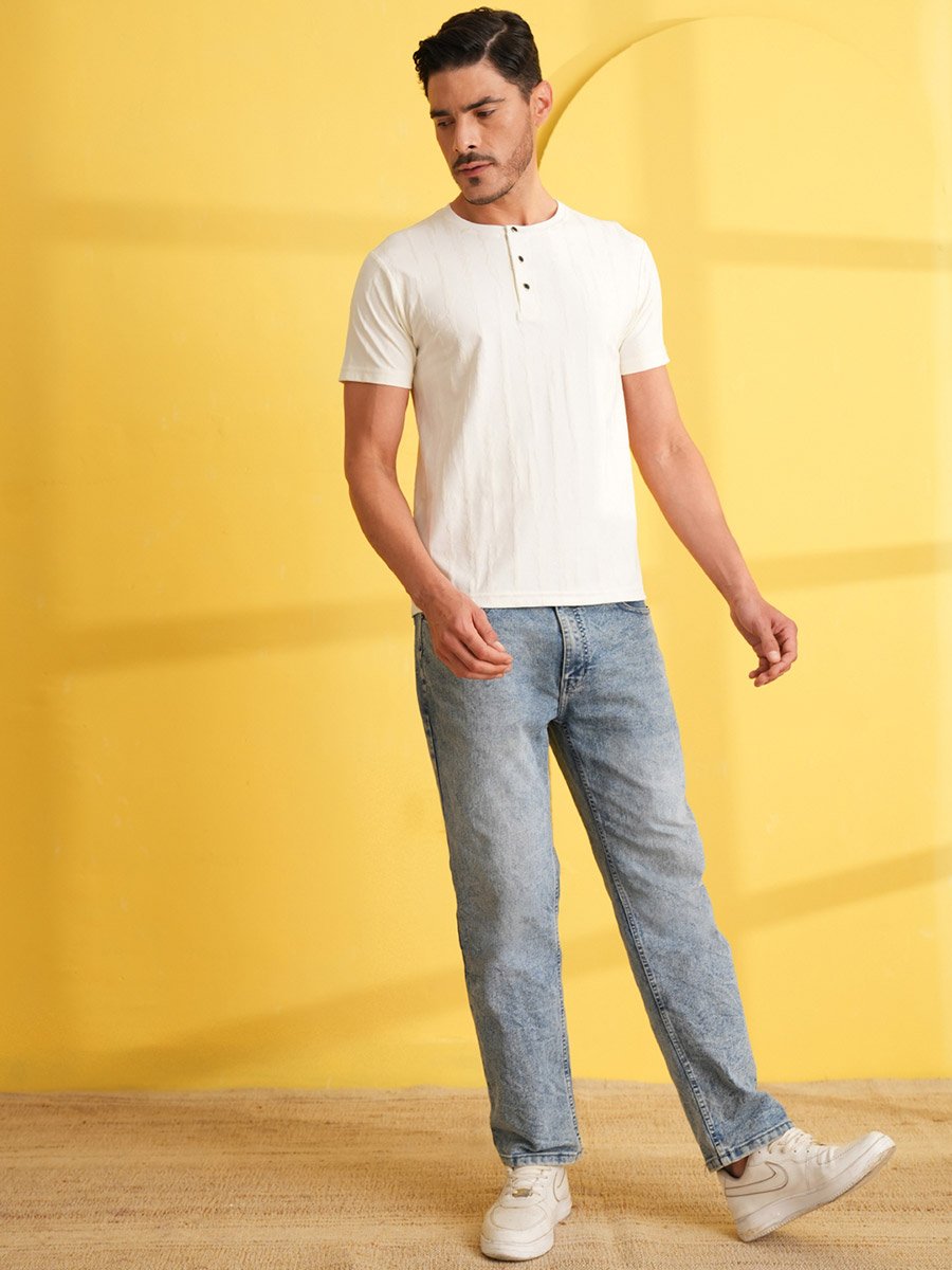 White Textured Henley Neck Short Sleeves T-Shirt