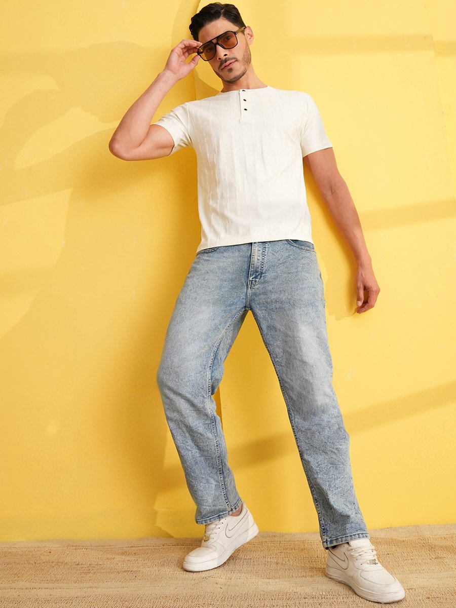 White Textured Henley Neck Short Sleeves T-Shirt