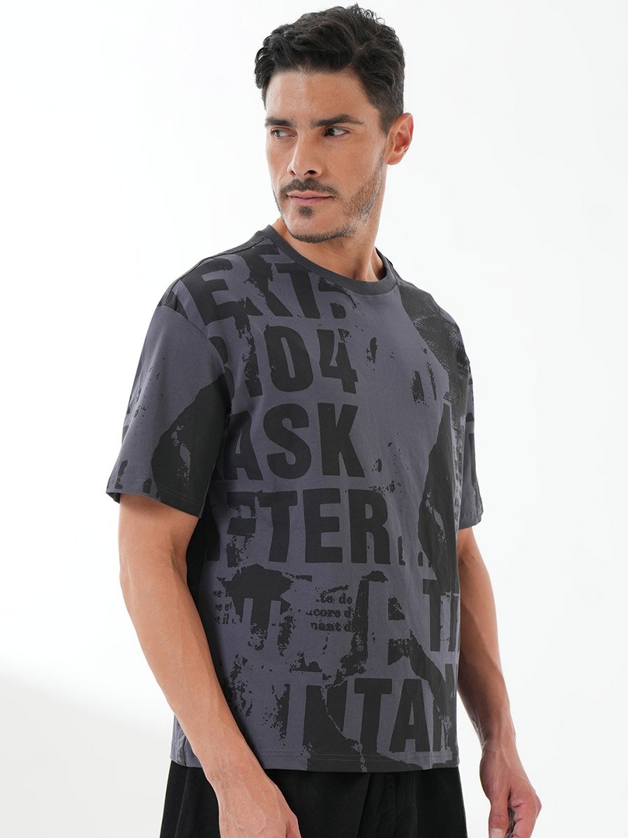 Grey All Over Graphic Print Round Neck T-Shirt