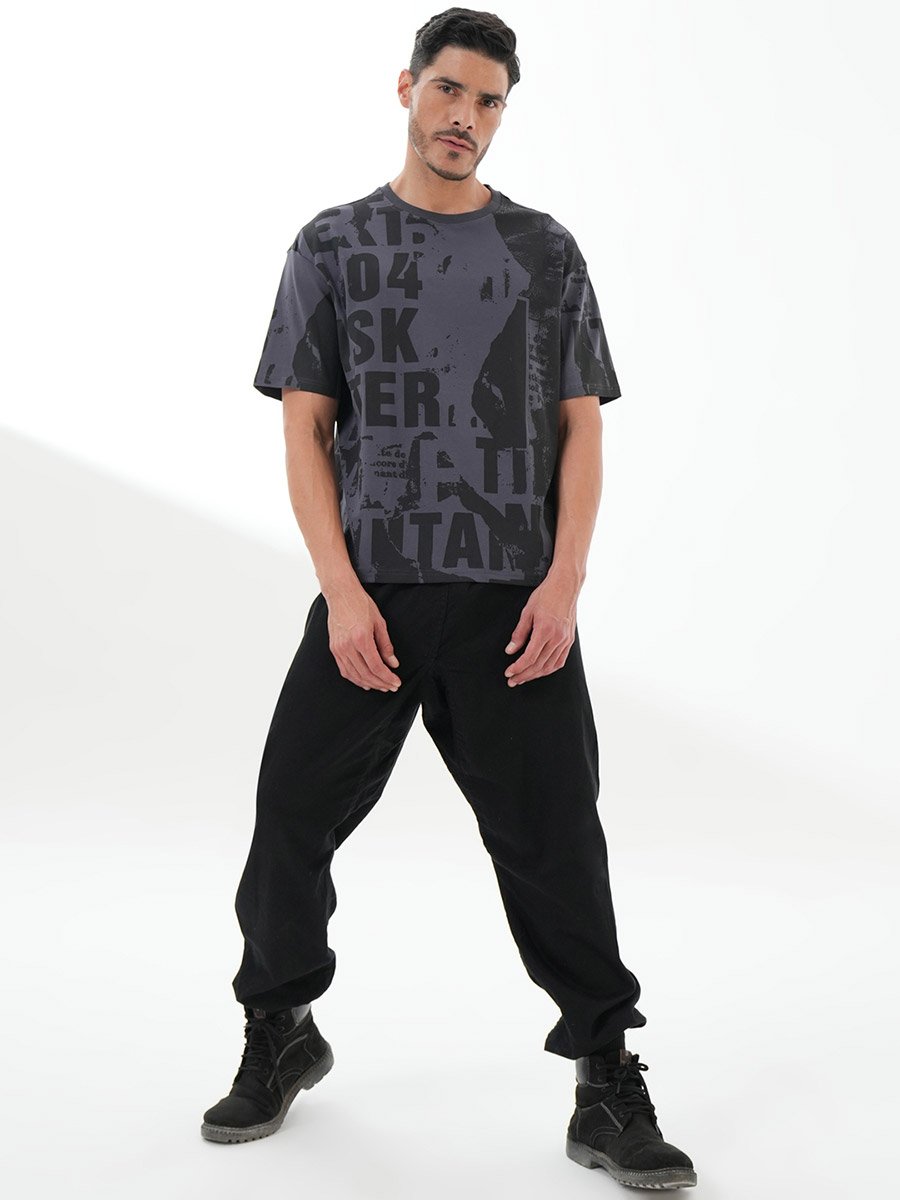 Grey All Over Graphic Print Round Neck T-Shirt