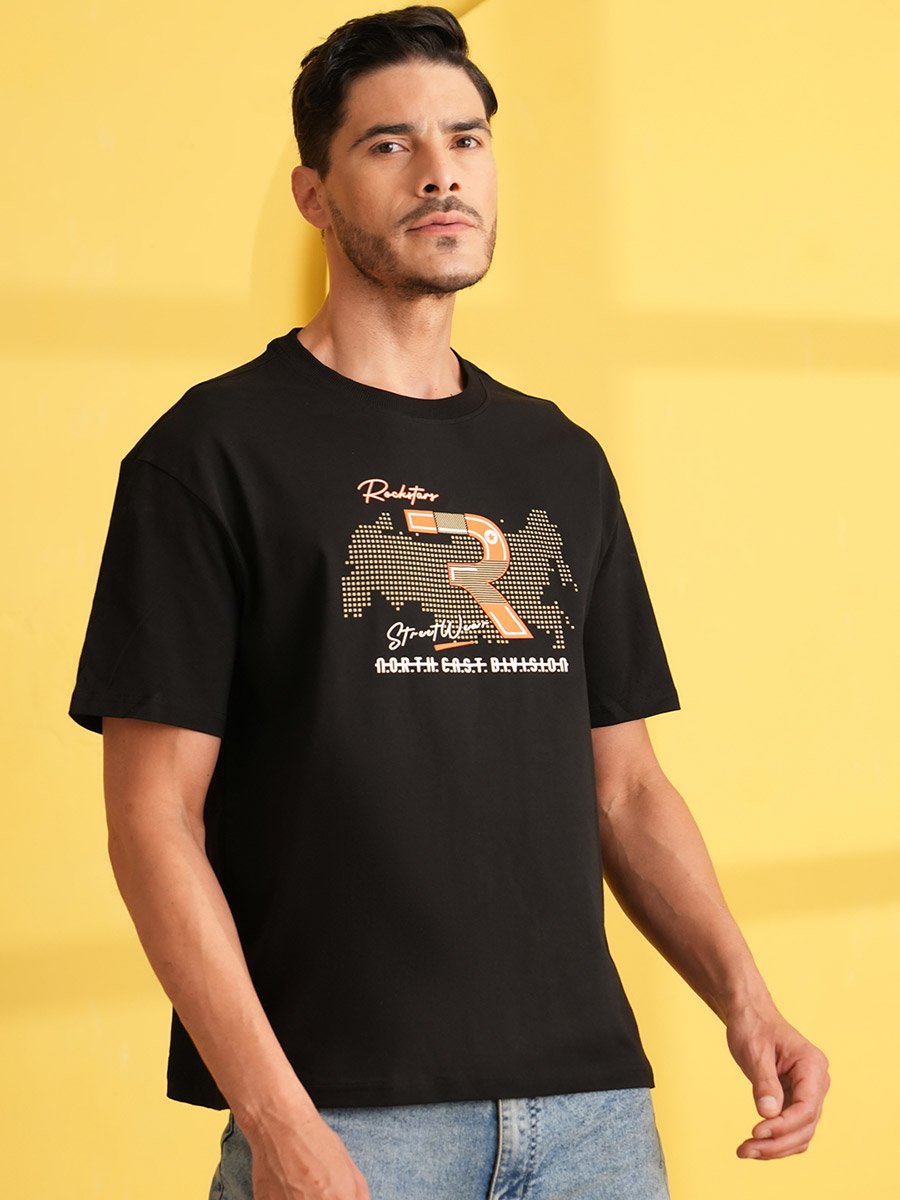 Black Graphic Print Round Neck Oversized T-Shirt