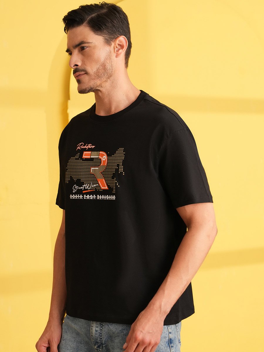 Black Graphic Print Round Neck Oversized T-Shirt