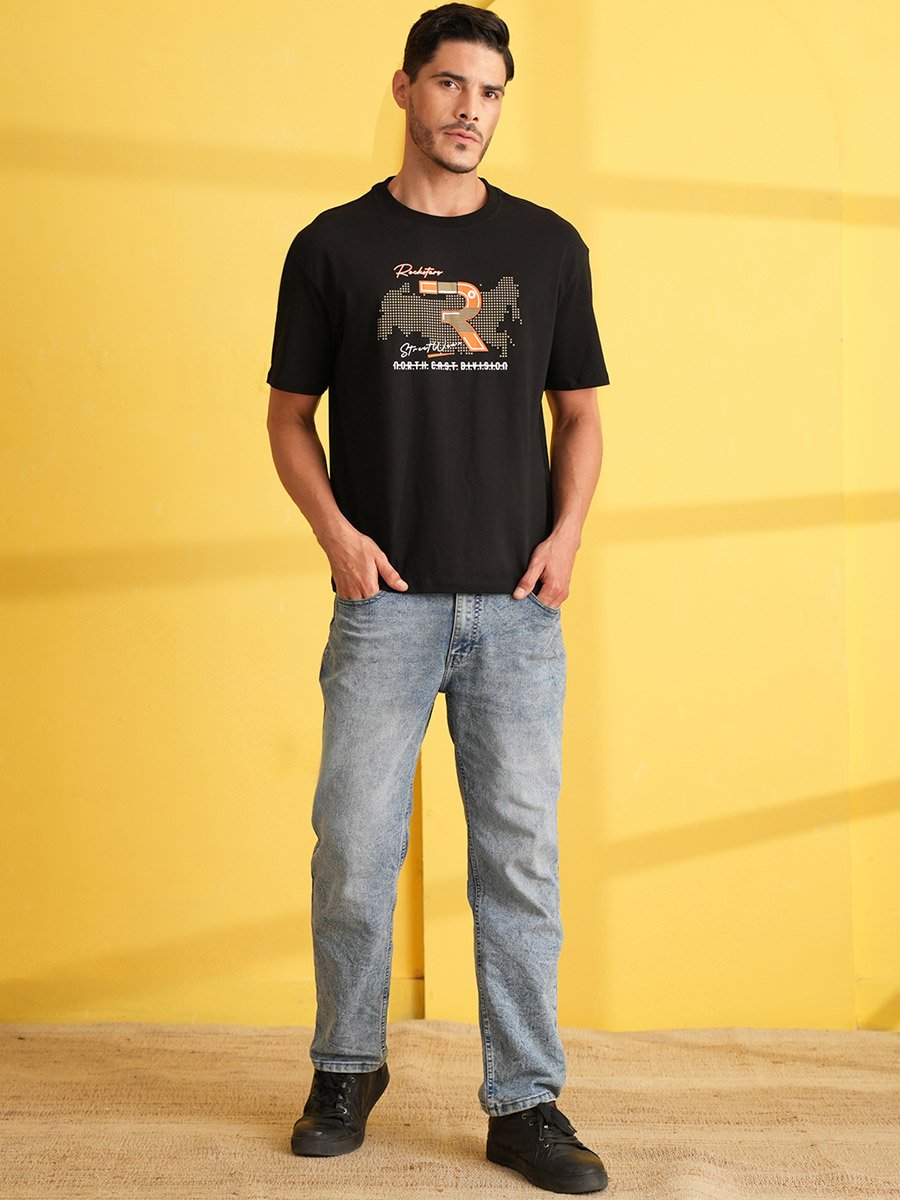 Black Graphic Print Round Neck Oversized T-Shirt