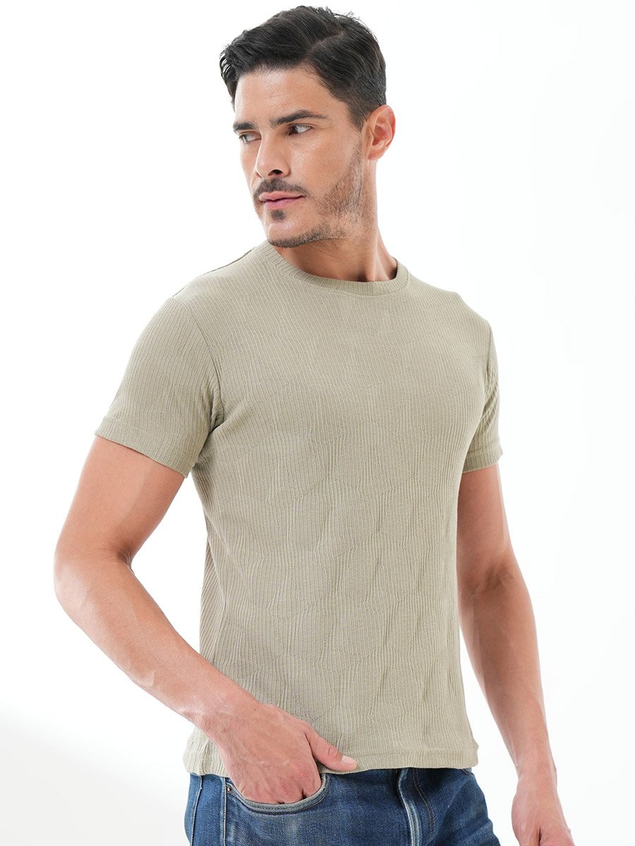 Olive Solid Round Neck Ribbed Knit T-Shirt