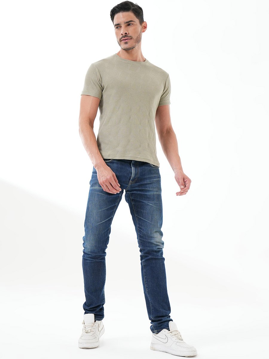 Olive Solid Round Neck Ribbed Knit T-Shirt