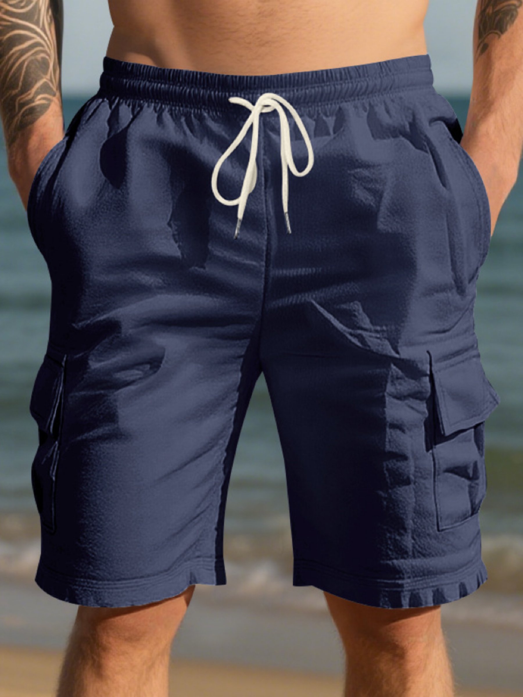 Navy Blue Solid Knee-Length Cargo Shorts