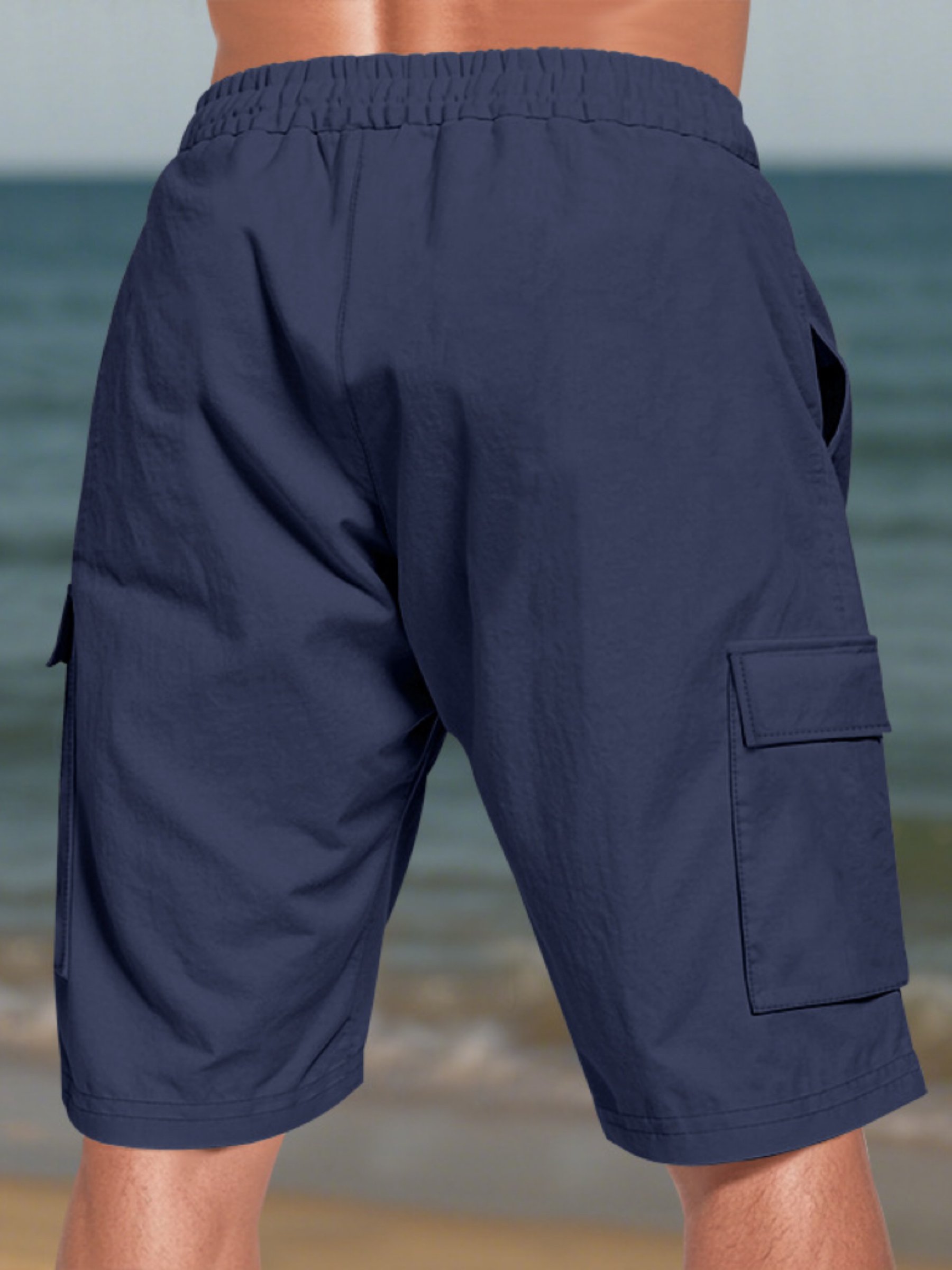 Navy Blue Solid Knee-Length Cargo Shorts