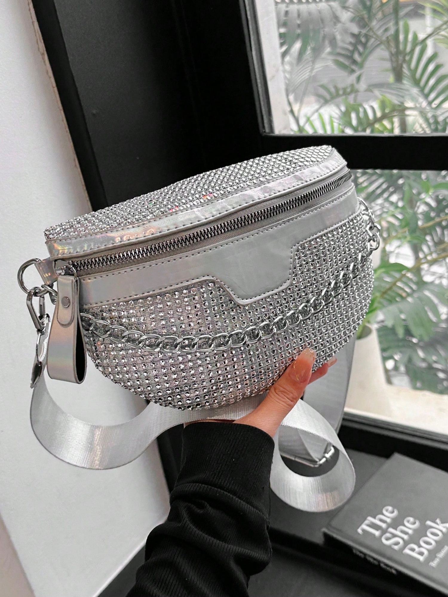 Silver Crossbody Bag with Chain Detail