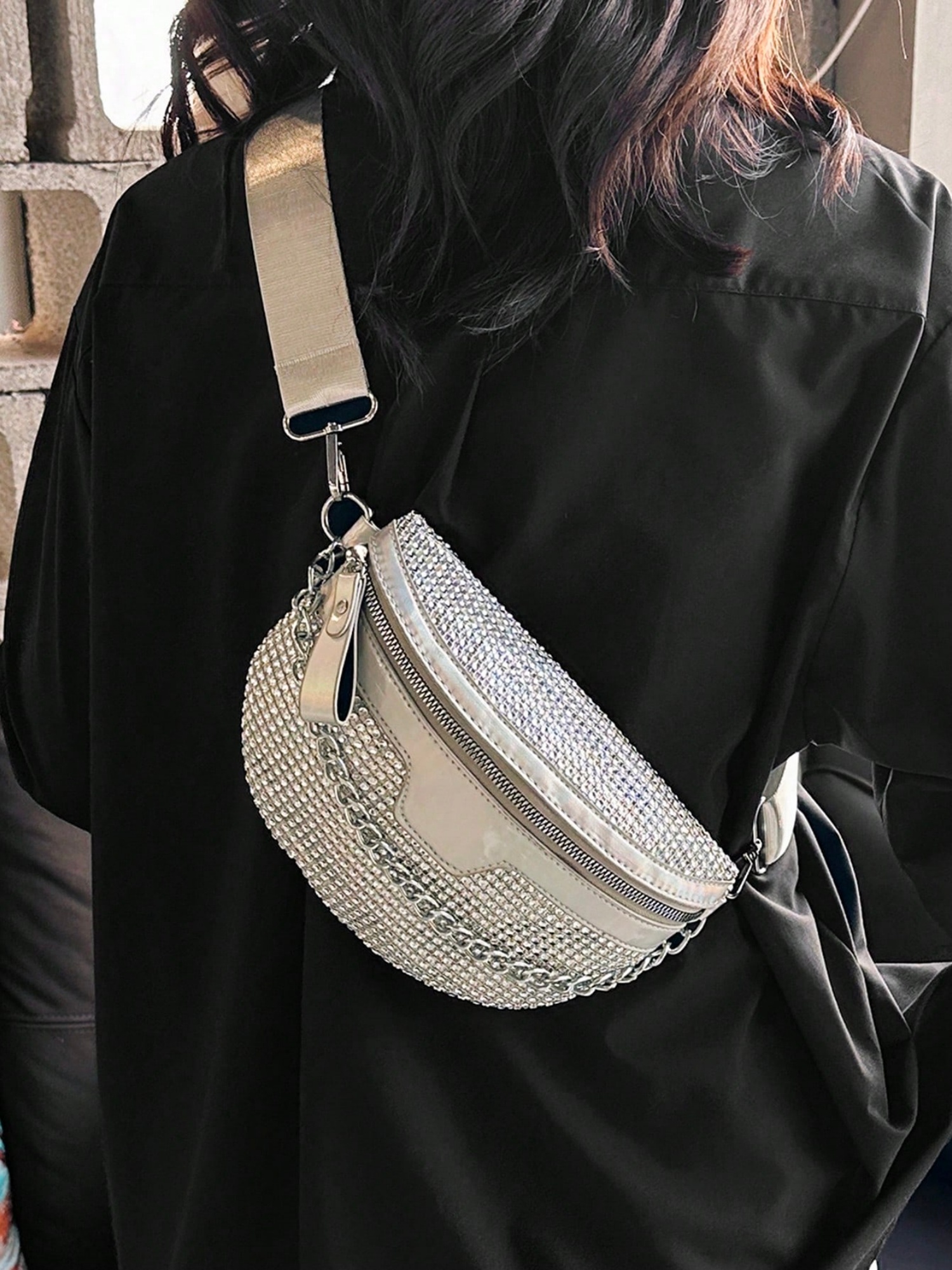 Silver Crossbody Bag with Chain Detail