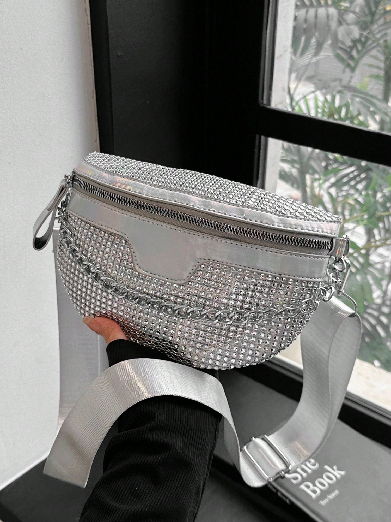 Silver Crossbody Bag with Chain Detail