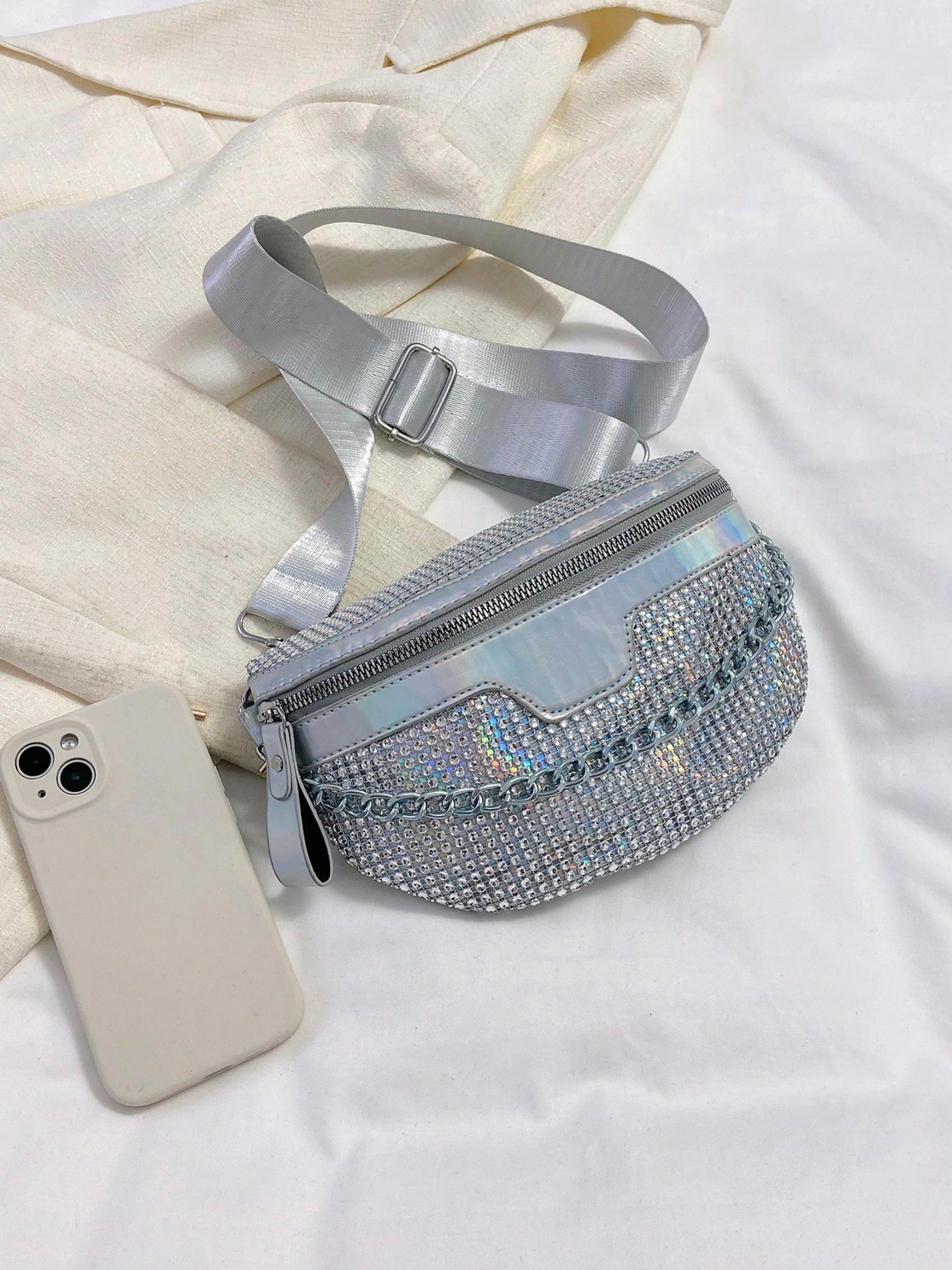 Silver Crossbody Bag with Chain Detail