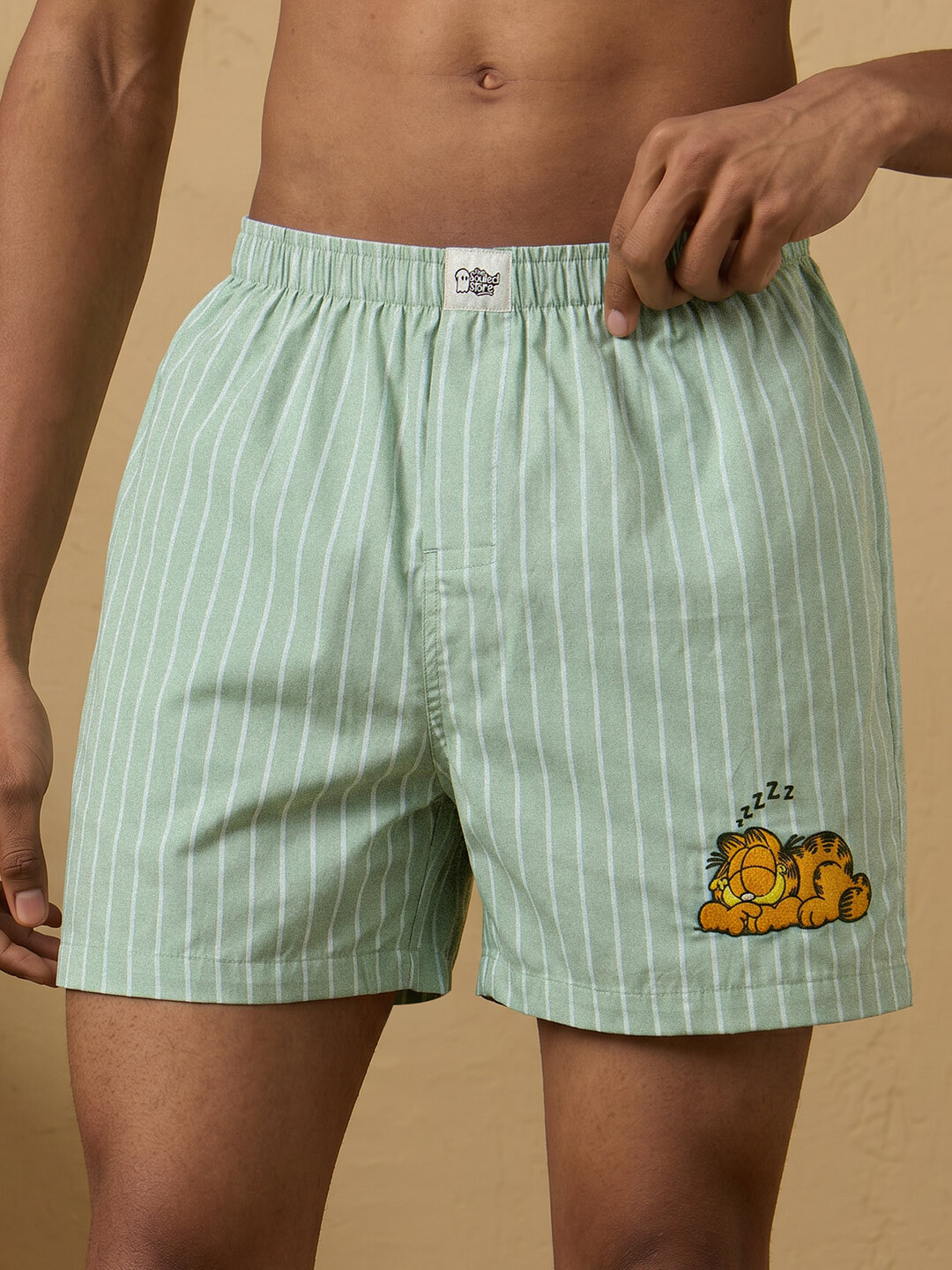 Men Green Striped Garfield Sleepy Boxers