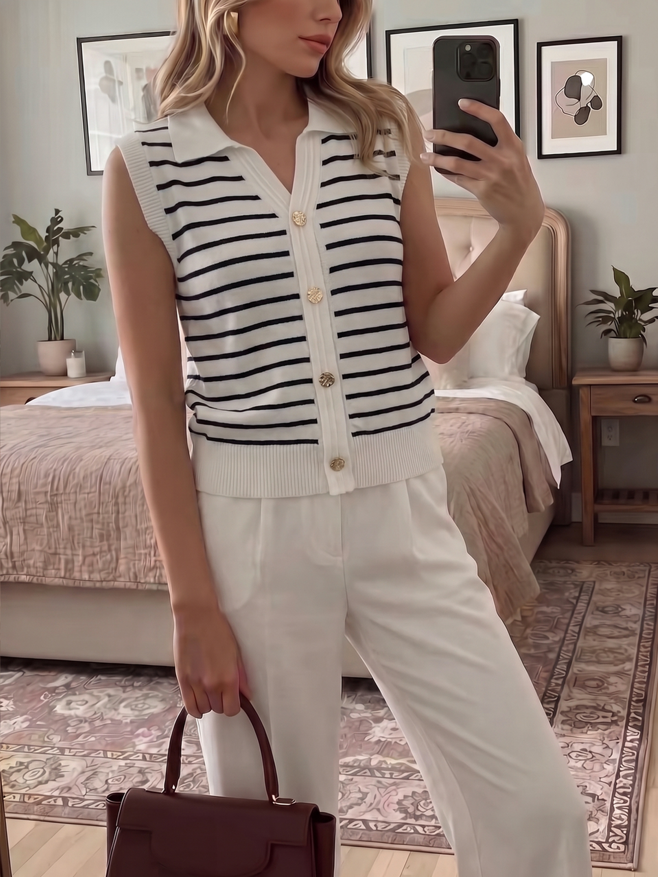 Striped Sleeveless Knit Polo Top with Gold Buttons