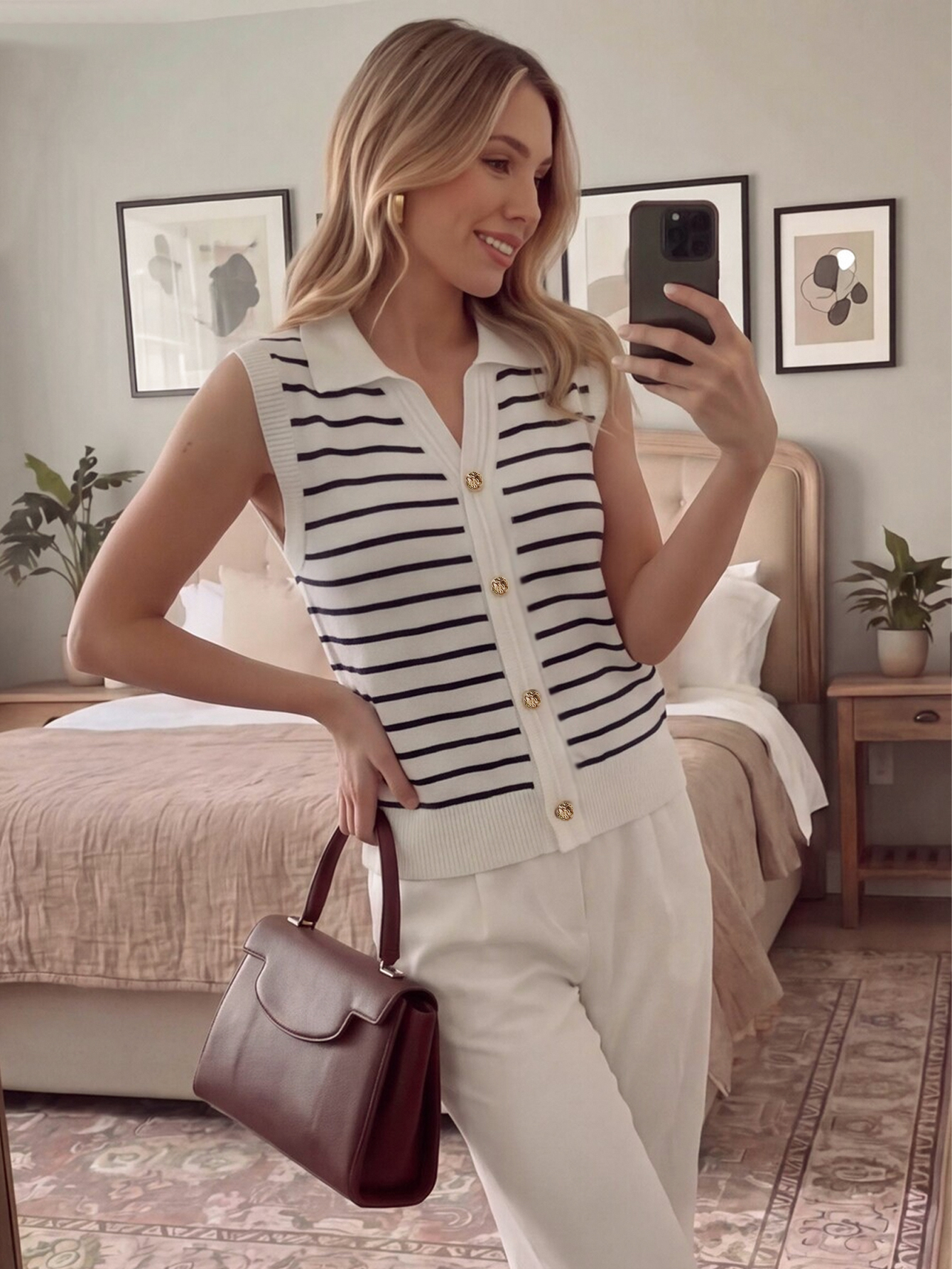 Striped Sleeveless Knit Polo Top with Gold Buttons