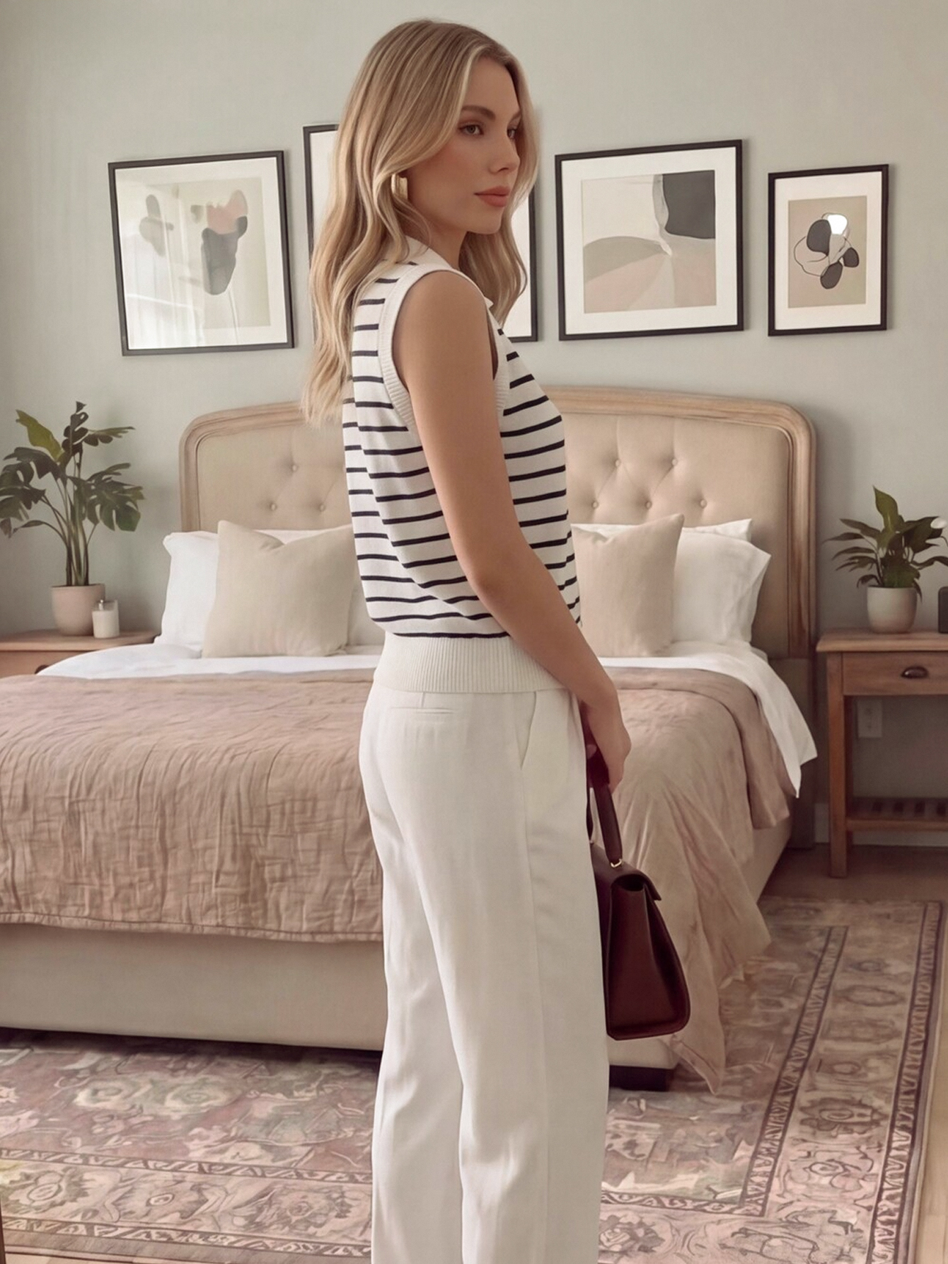 Striped Sleeveless Knit Polo Top with Gold Buttons