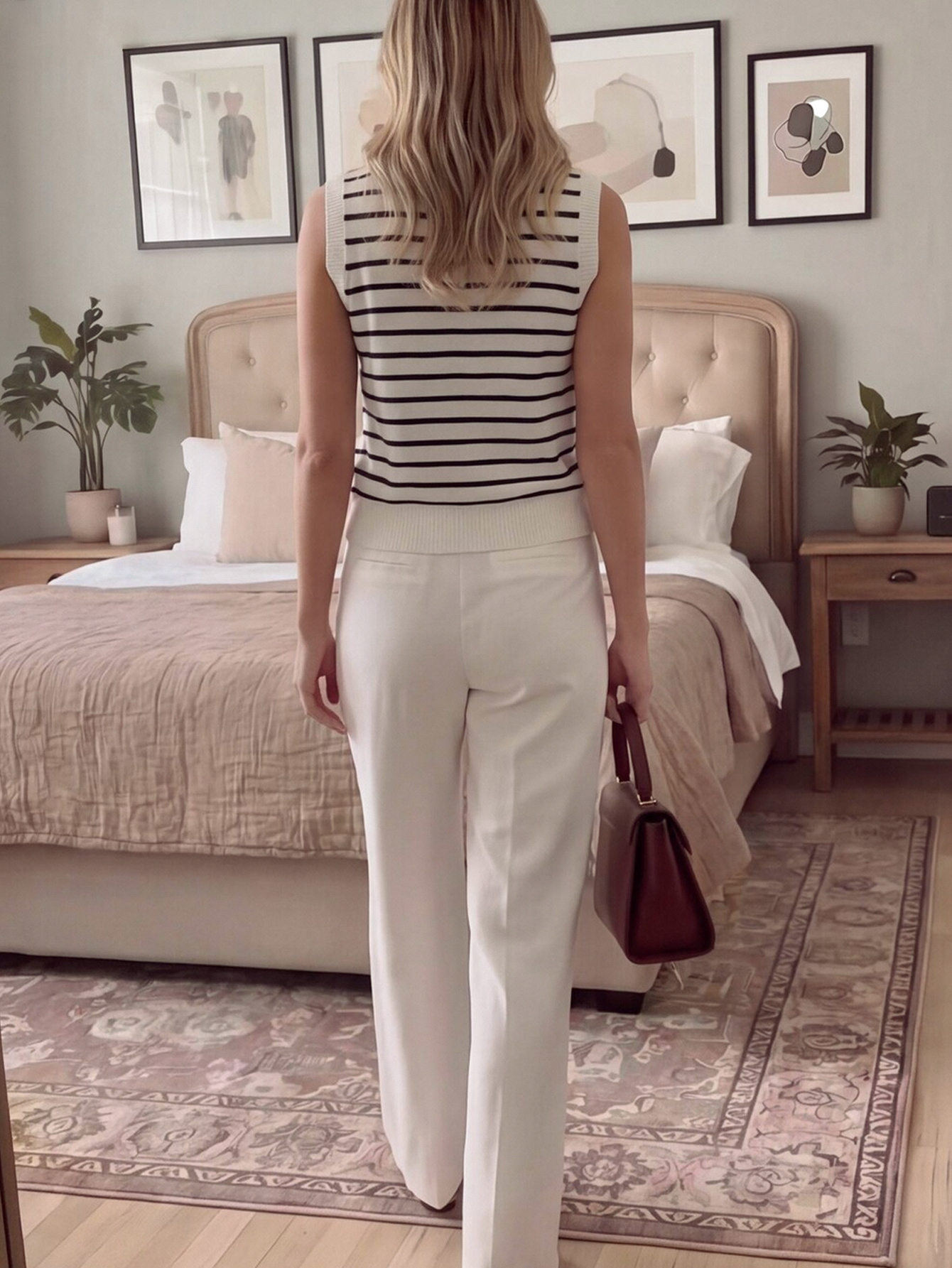 Striped Sleeveless Knit Polo Top with Gold Buttons