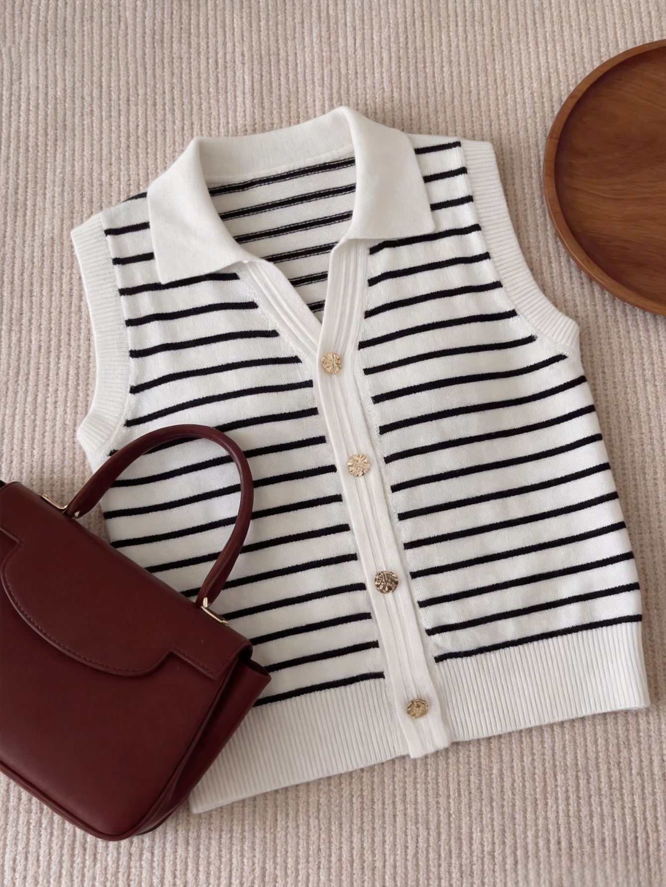 Striped Sleeveless Knit Polo Top with Gold Buttons