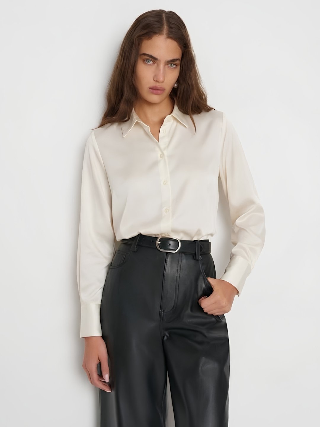 Cream Satin Long Sleeve Shirt
