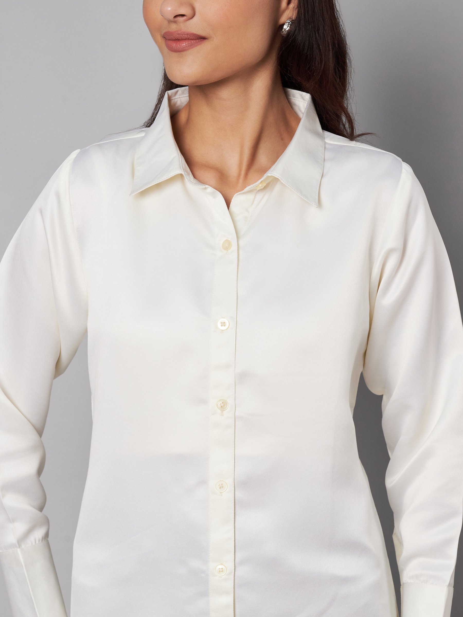 Cream Satin Long Sleeve Shirt