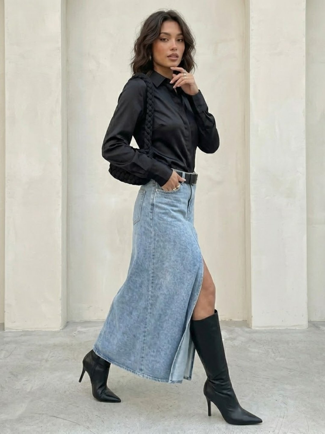 Black Solid Satin Button-Up Shirt