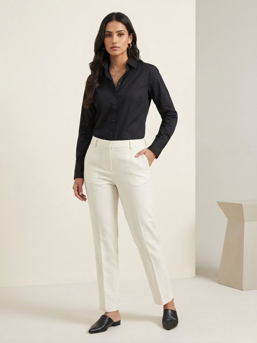 Black Solid Satin Button-Up Shirt
