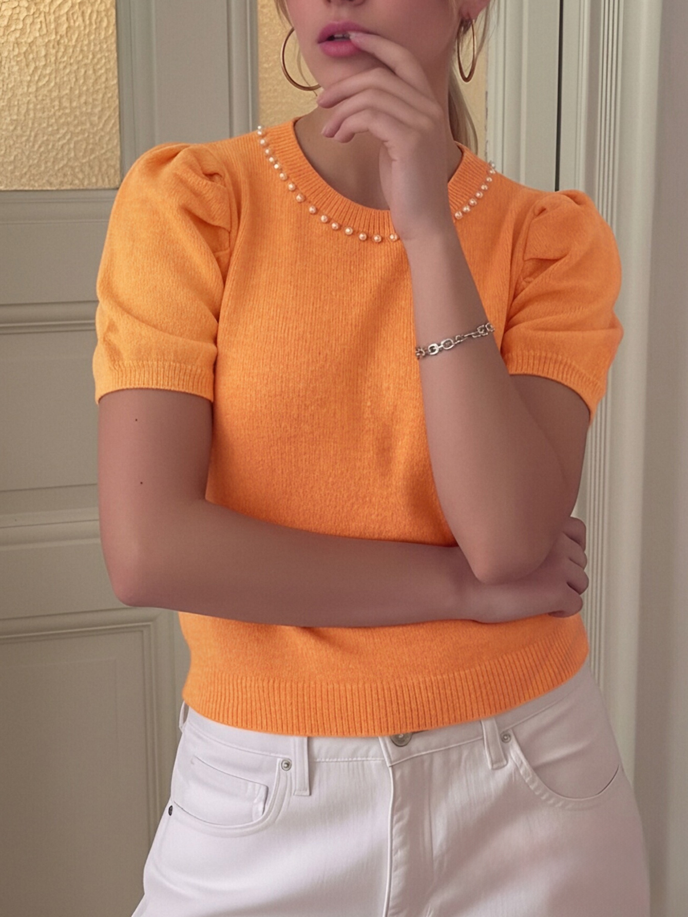 Neon Orange Pearl-Embellished Short Sleeve Knit Top