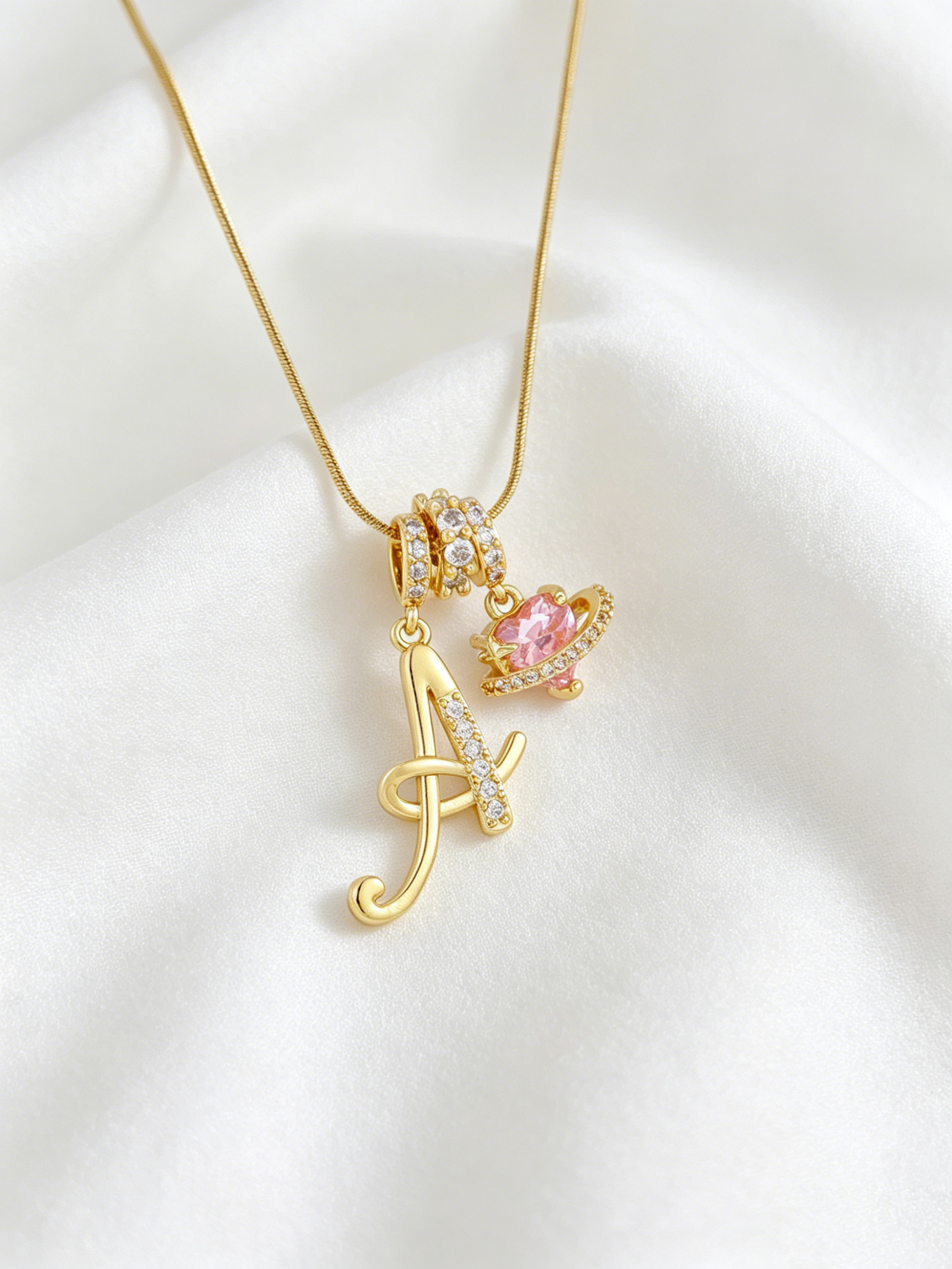 Gold Tone Heart and A Letter Charms Pendant Necklace