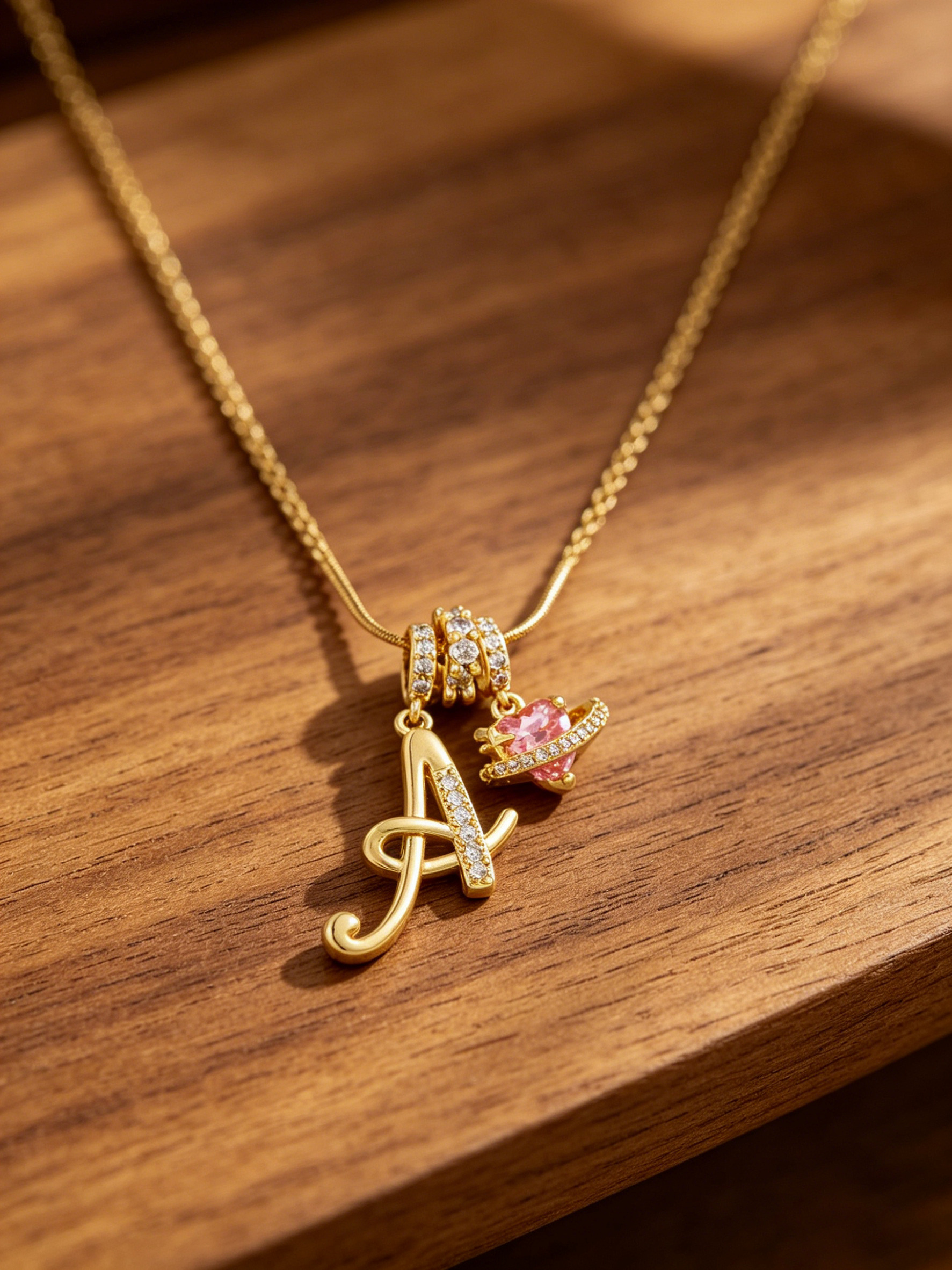 Gold Tone Heart and A Letter Charms Pendant Necklace