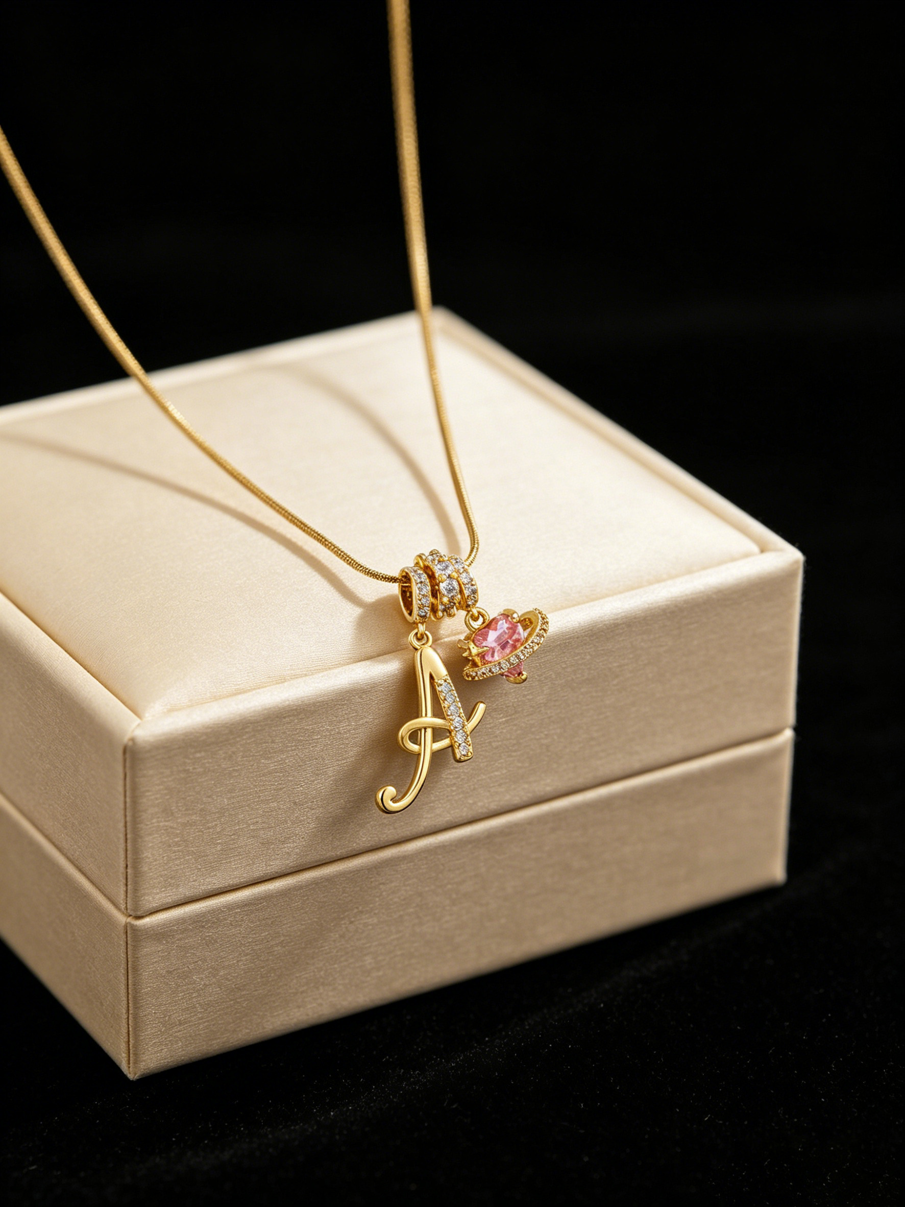 Gold Tone Heart and A Letter Charms Pendant Necklace