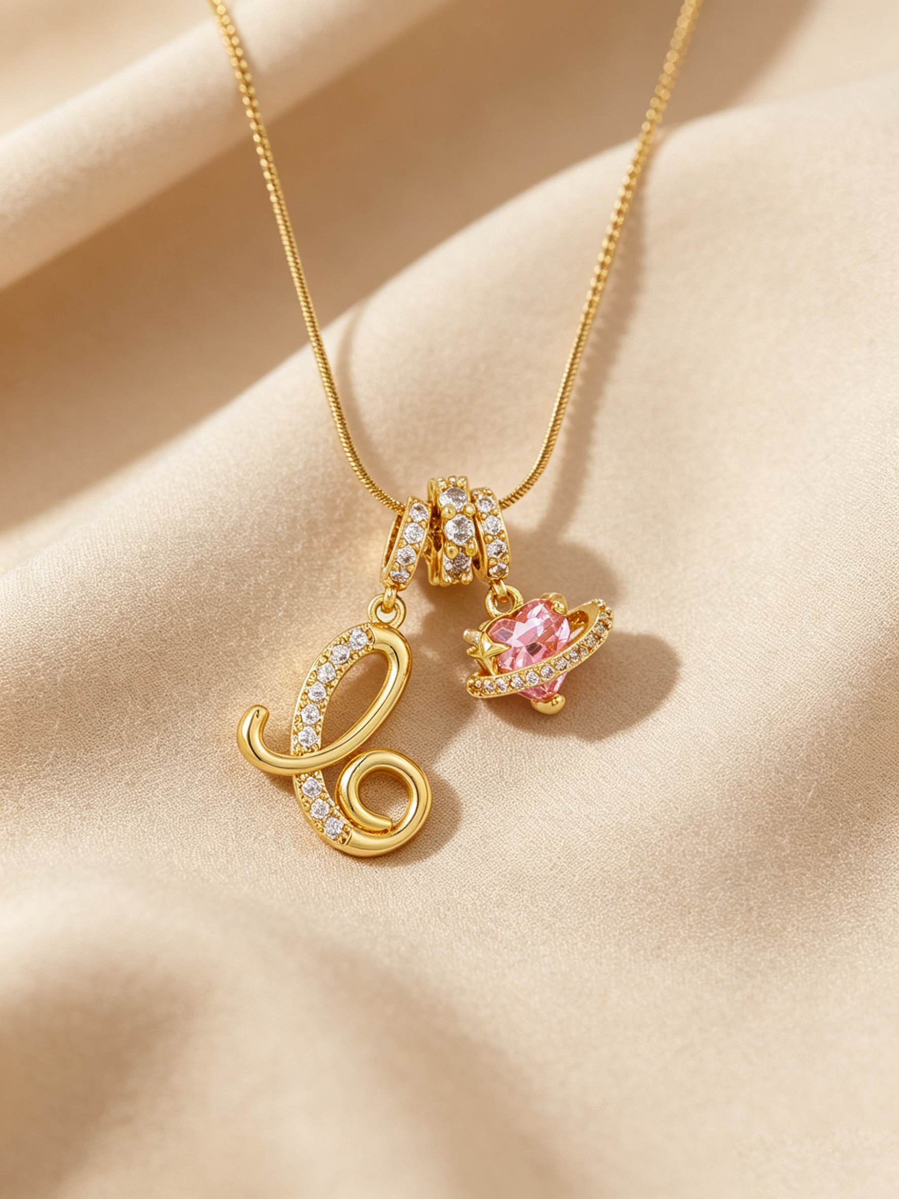 Gold Tone Heart and C Letter Charms Pendant Necklace