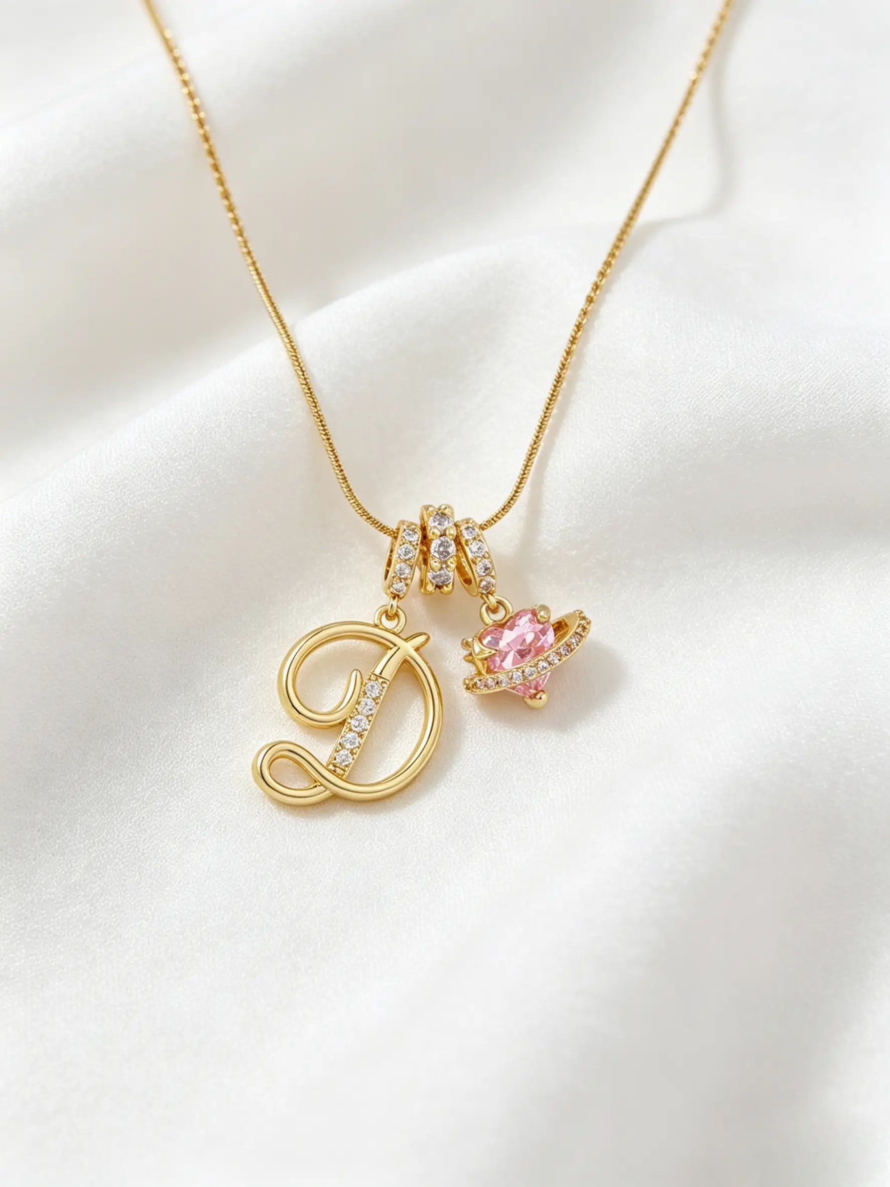 Gold Tone Heart and D Letter Charms Pendant Necklace