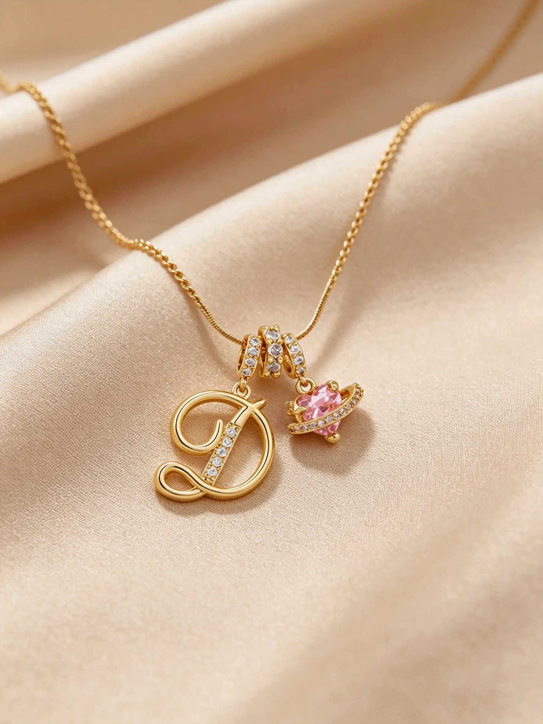 Gold Tone Heart and D Letter Charms Pendant Necklace