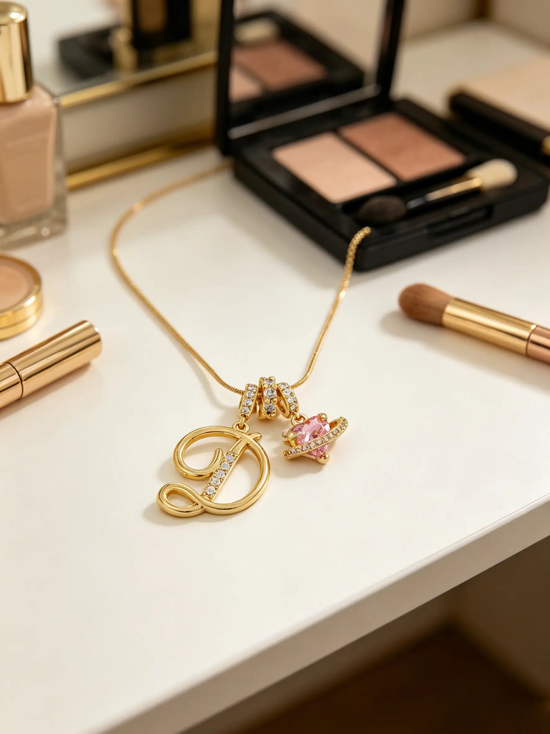 Gold Tone Heart and D Letter Charms Pendant Necklace