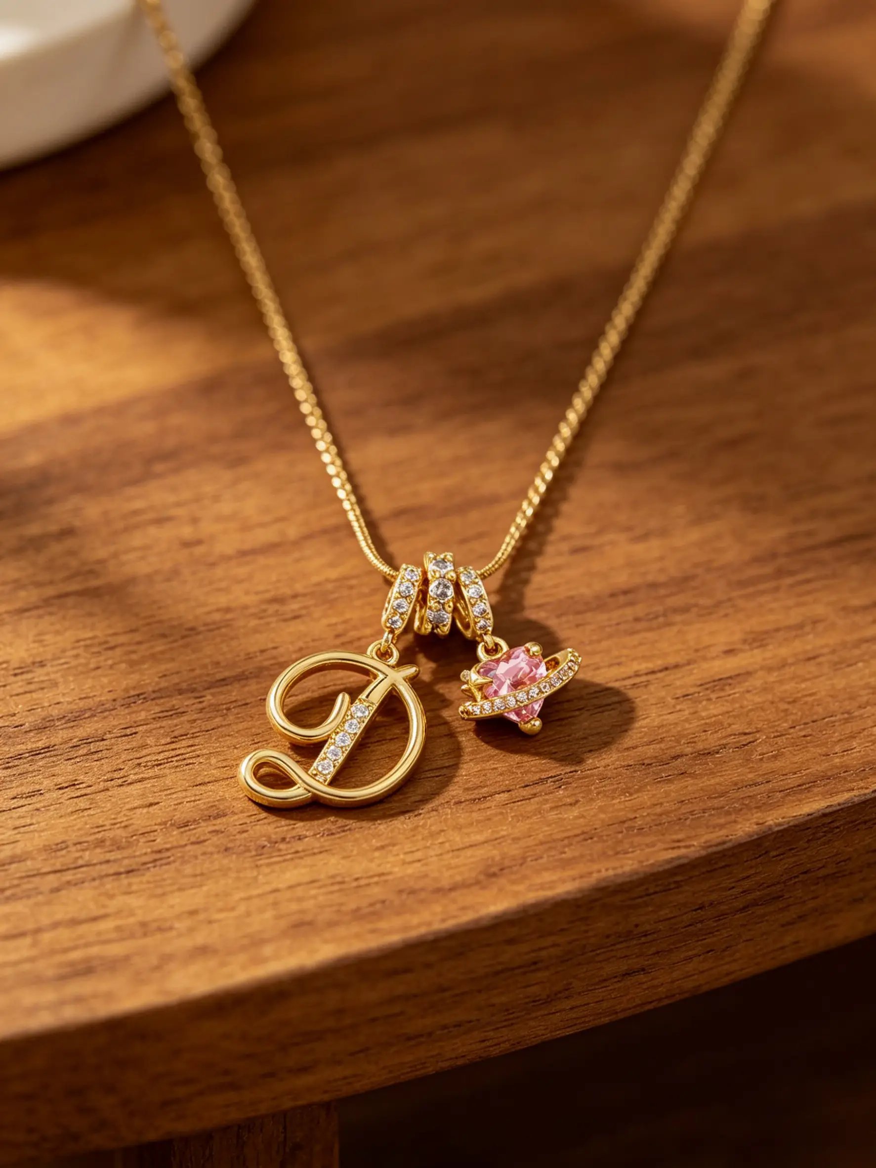 Gold Tone Heart and D Letter Charms Pendant Necklace
