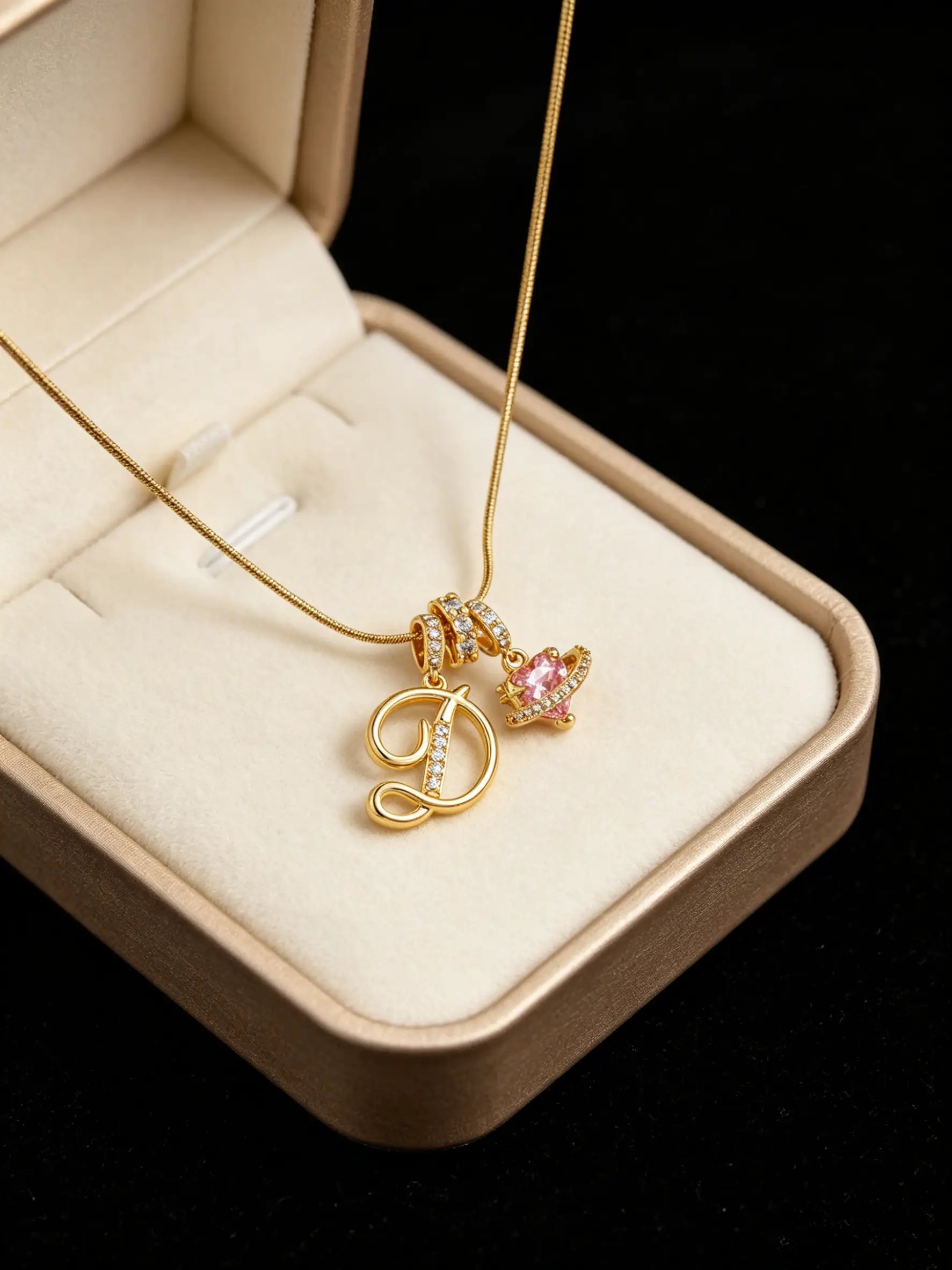 Gold Tone Heart and D Letter Charms Pendant Necklace