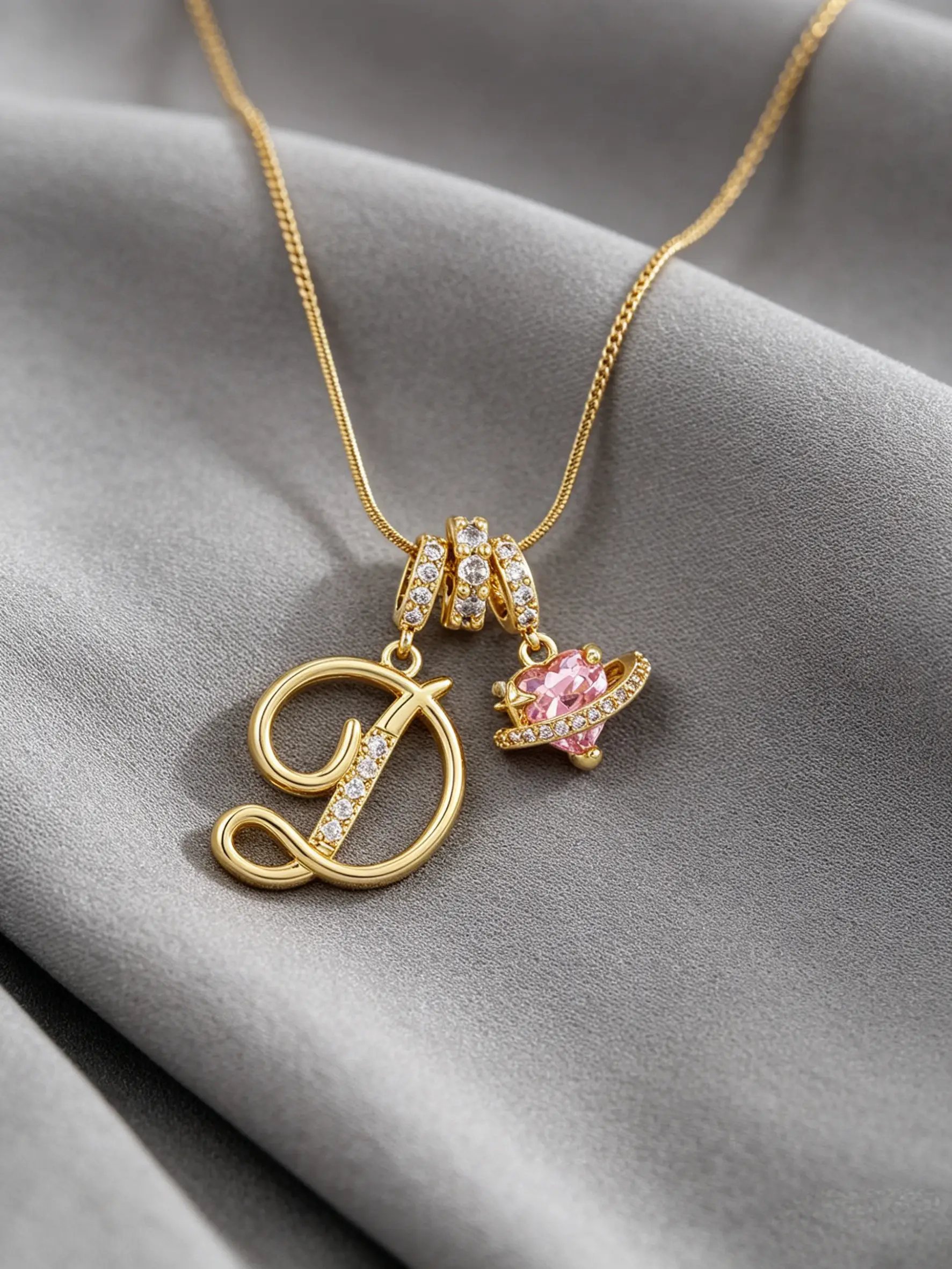 Gold Tone Heart and D Letter Charms Pendant Necklace