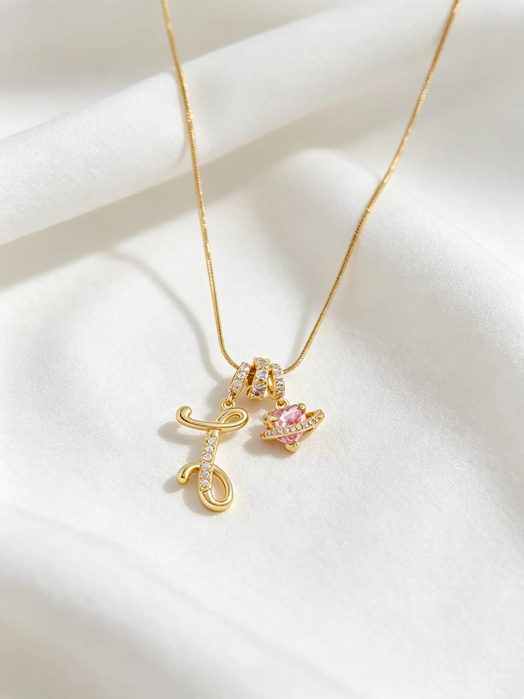 Gold Tone Heart and I Letter Charms Pendant Necklace