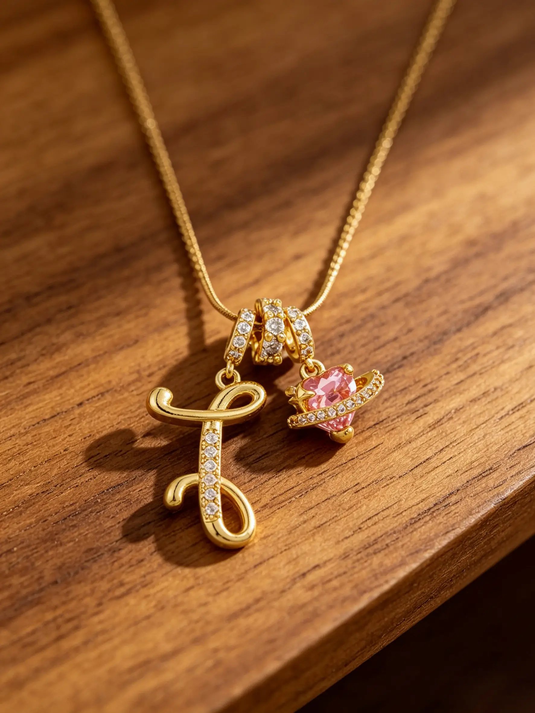 Gold Tone Heart and I Letter Charms Pendant Necklace